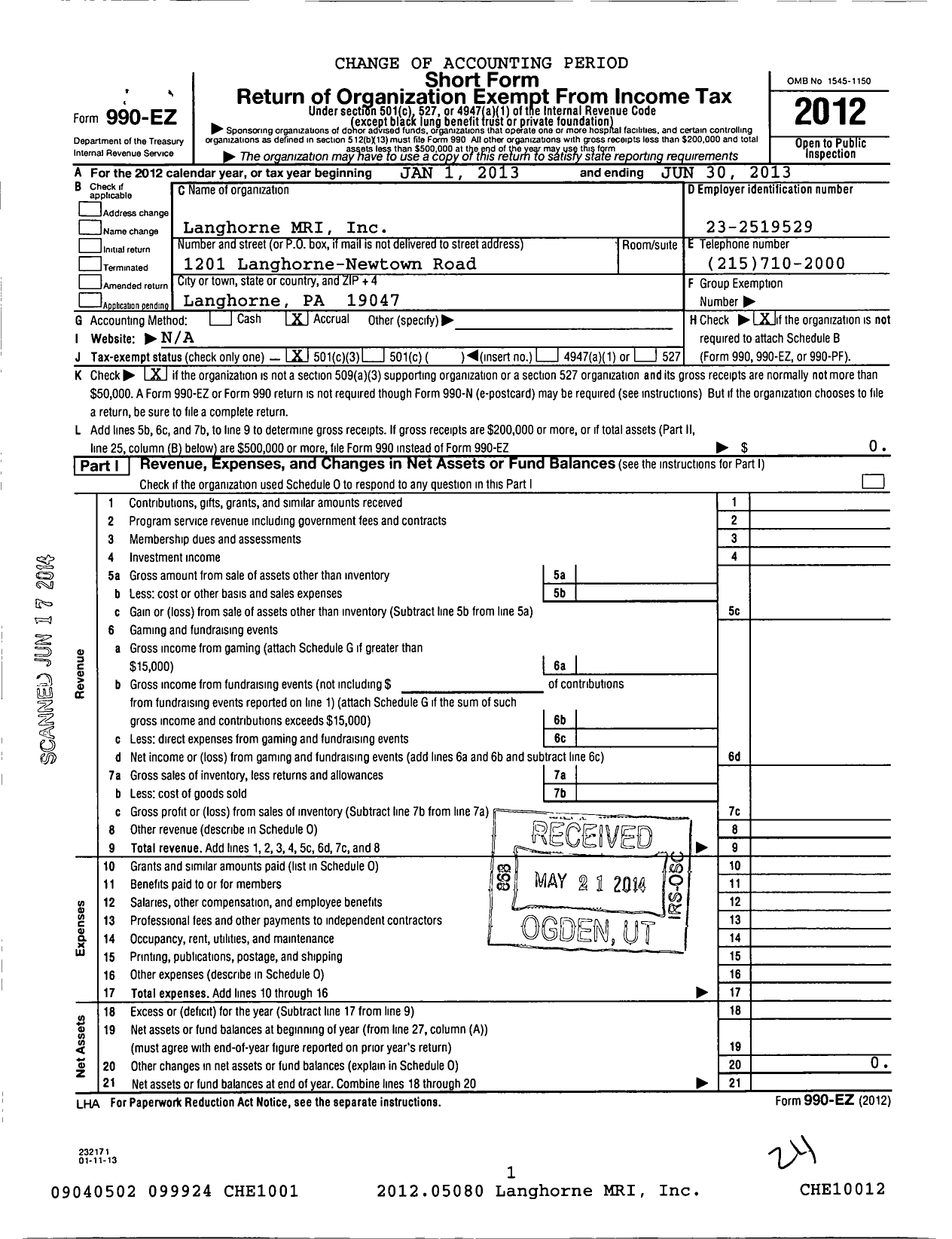 Image of first page of 2012 Form 990EZ for Langhorne Mri