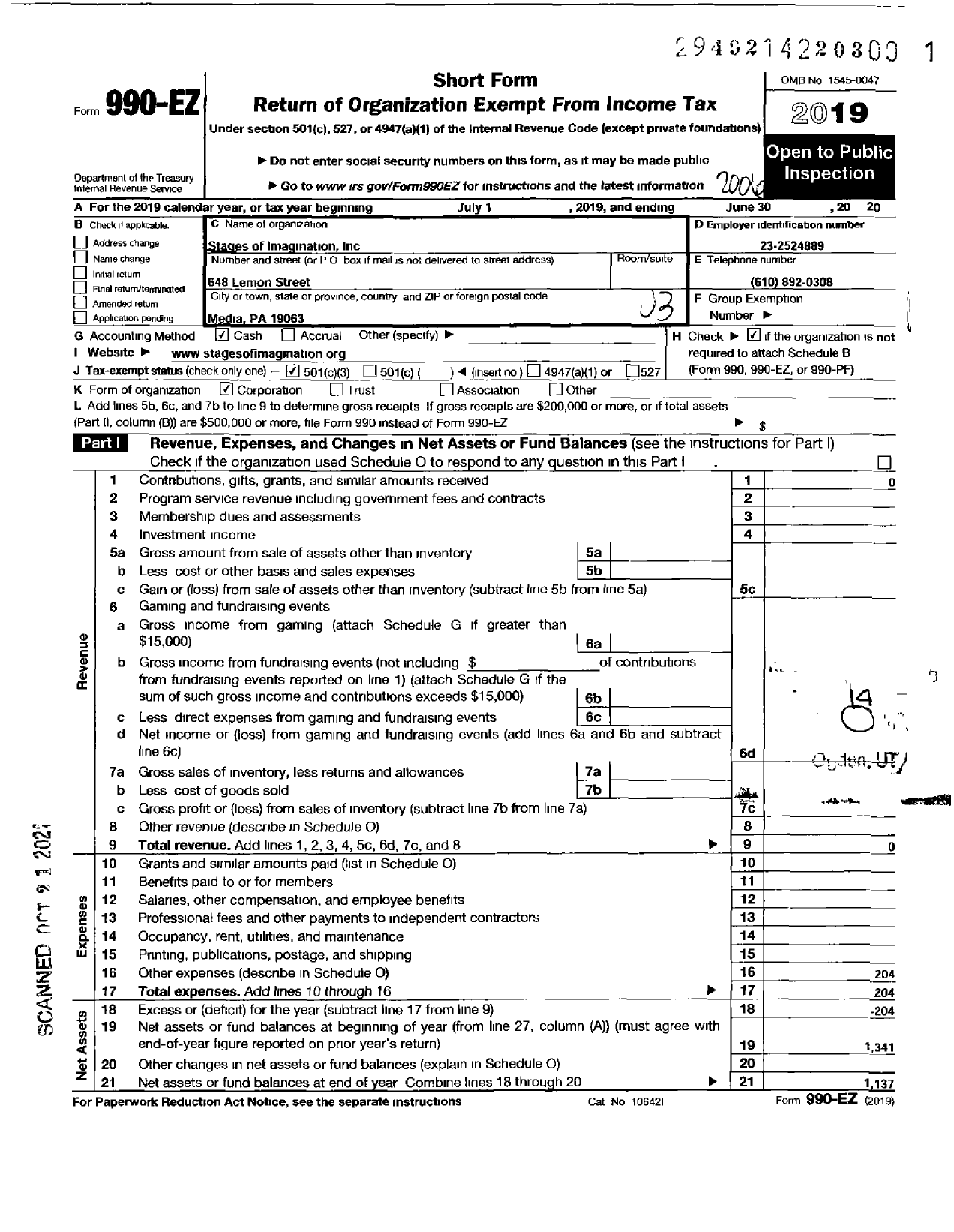 Image of first page of 2019 Form 990EZ for Stages of Imagination