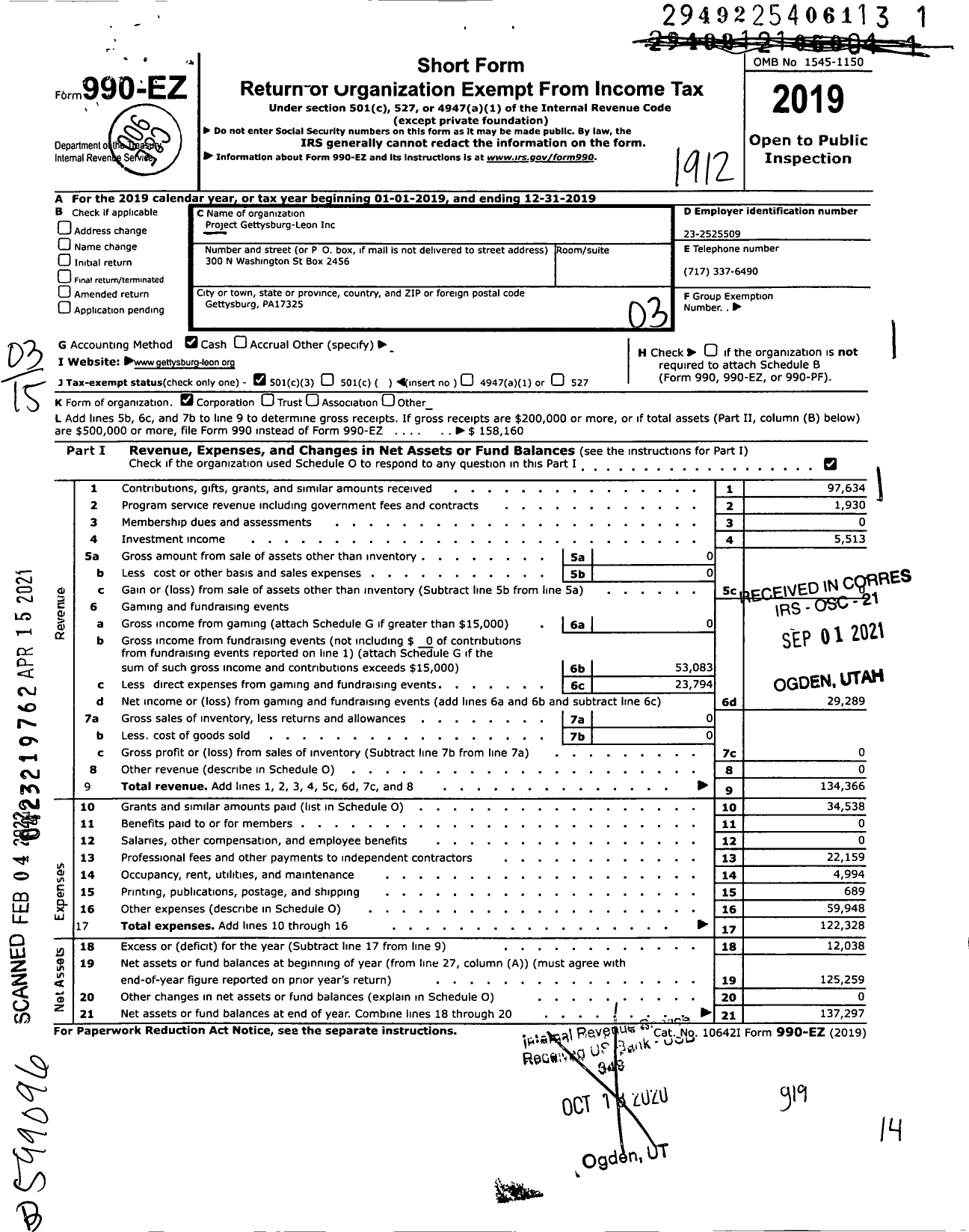 Image of first page of 2019 Form 990EZ for Project Gettysburg-Leon