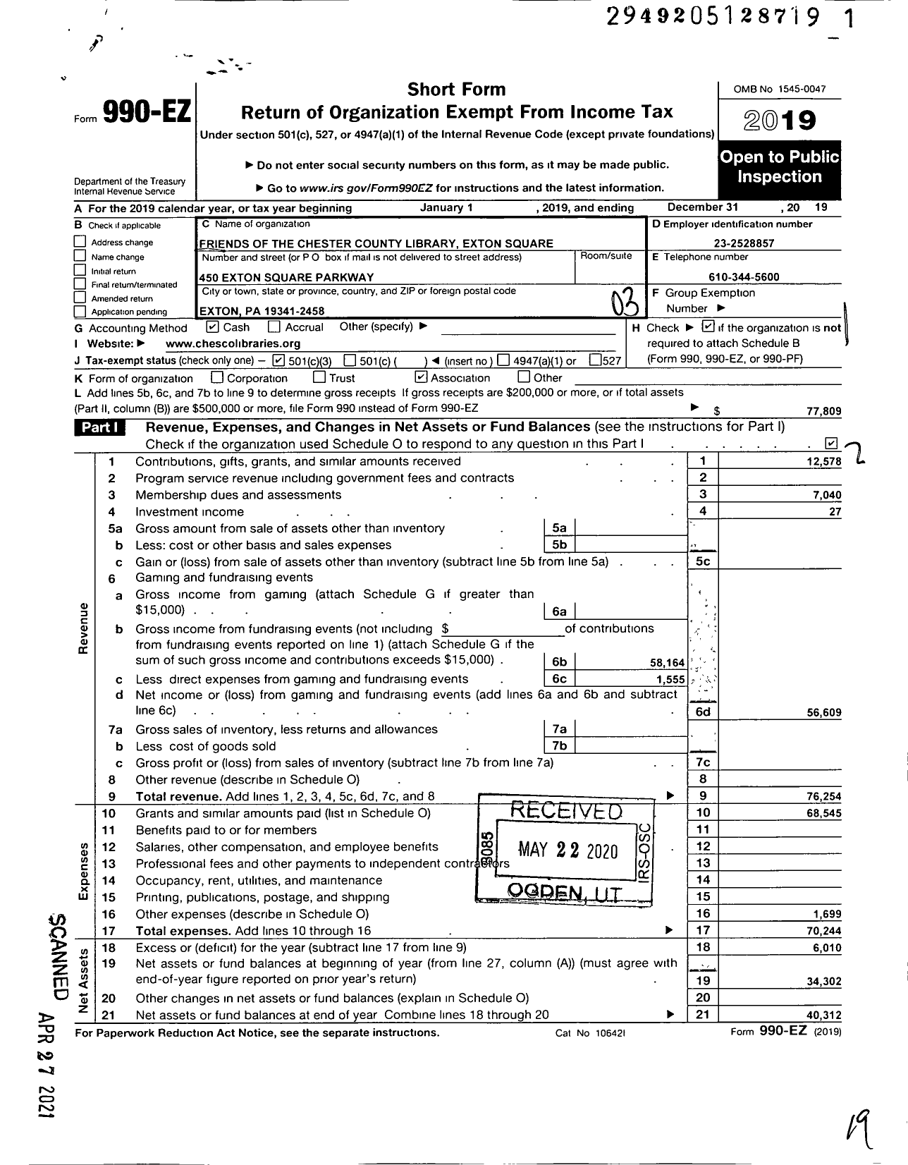 Image of first page of 2019 Form 990EZ for Friends of the Chester County Library Exton Square