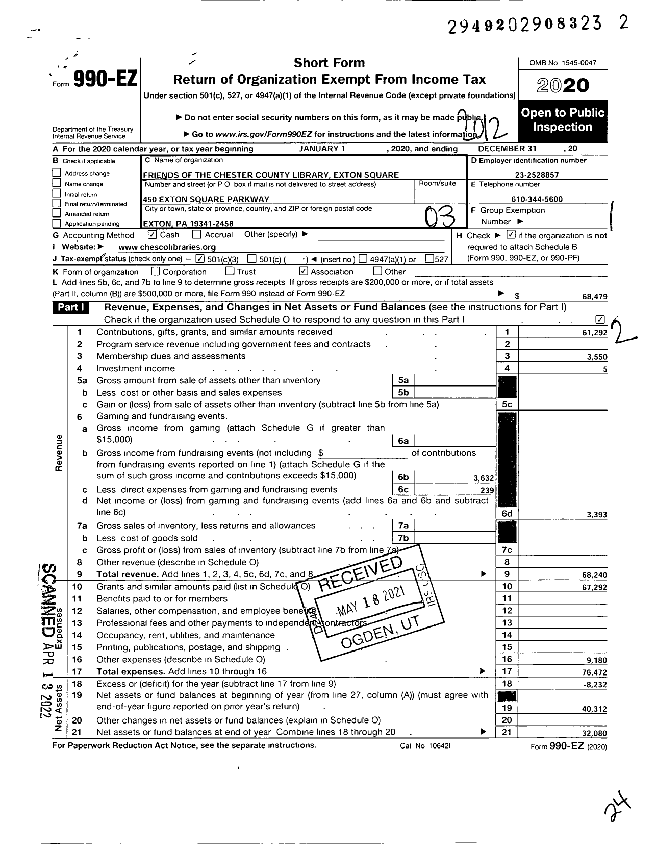 Image of first page of 2020 Form 990EZ for Friends of the Chester County Library Exton Square