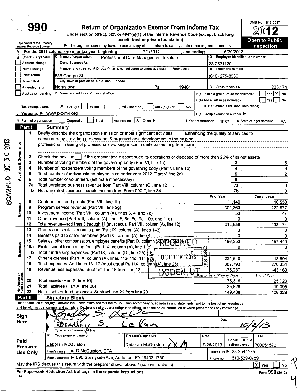 Image of first page of 2012 Form 990 for Professional Care Management Institute