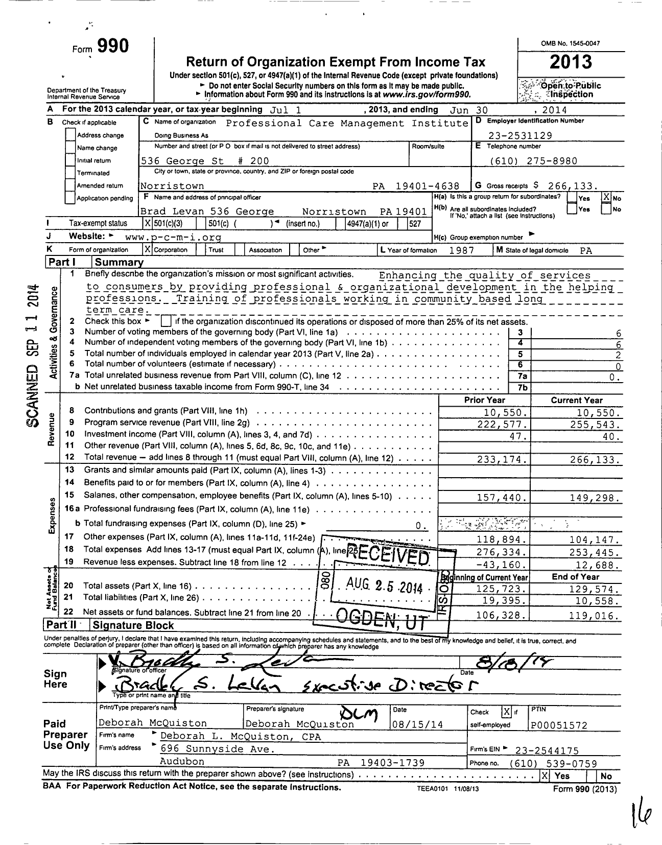 Image of first page of 2013 Form 990 for Professional Care Management Institute