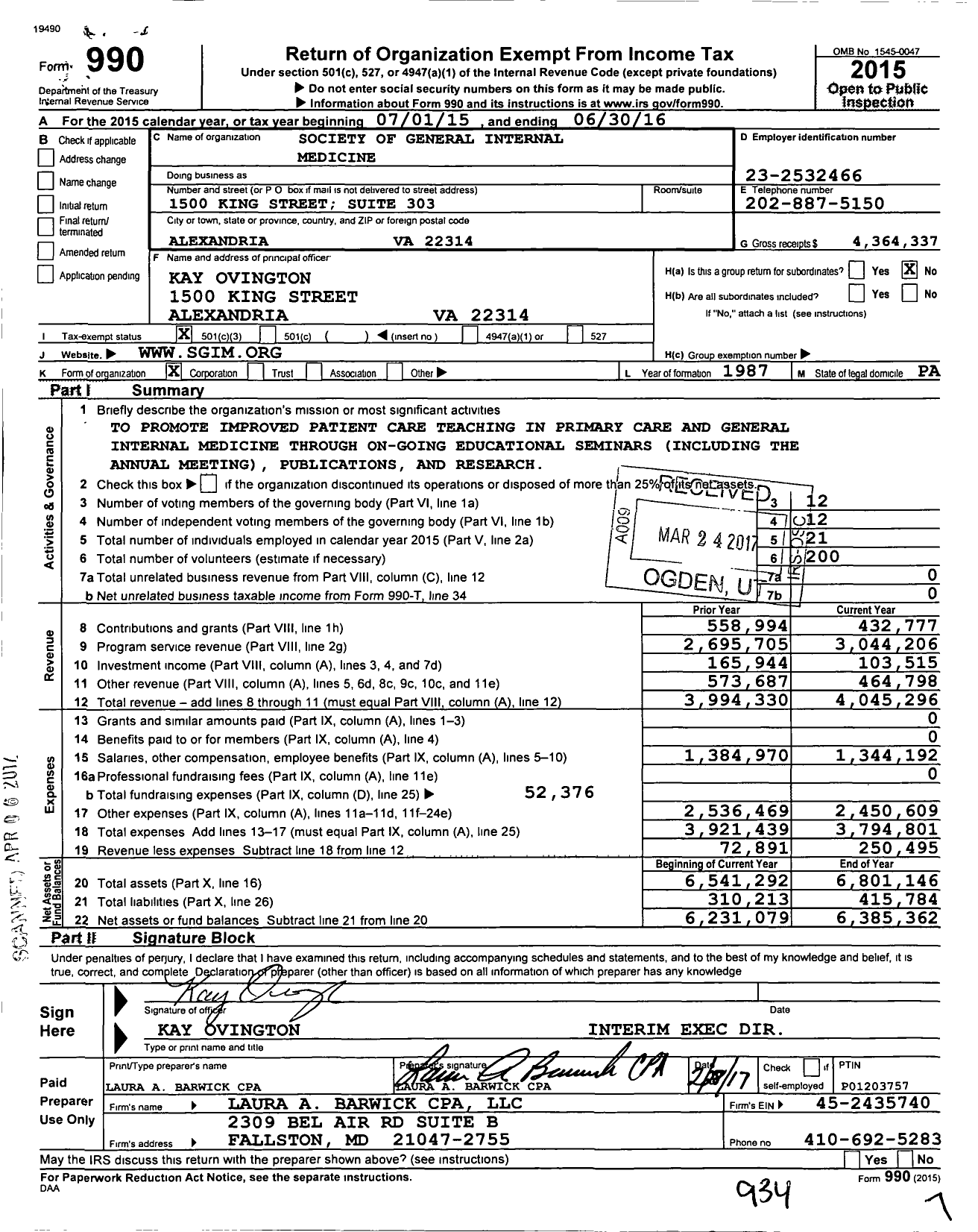 Image of first page of 2015 Form 990 for Society of General Internal Medicine