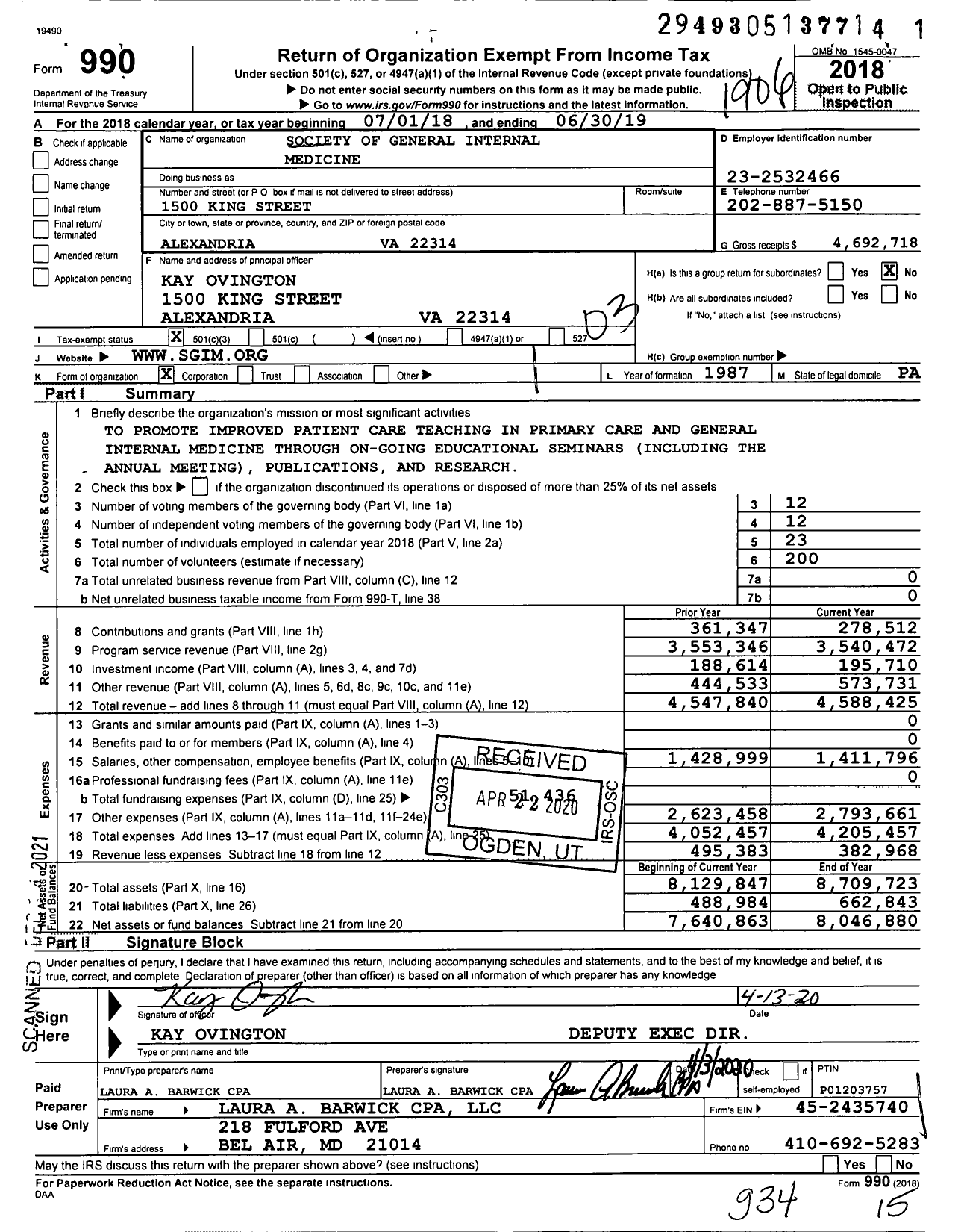Image of first page of 2018 Form 990 for Society of General Internal Medicine