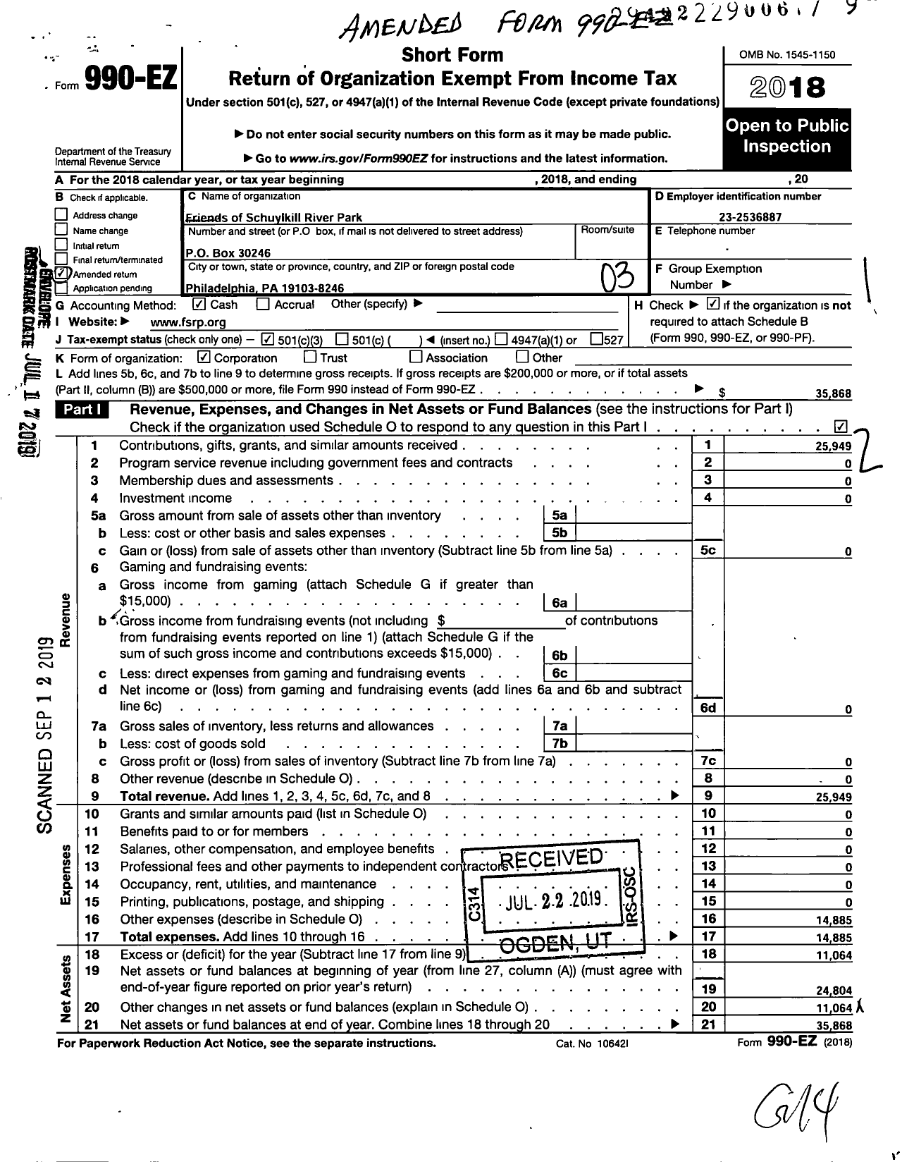 Image of first page of 2018 Form 990EZ for Friends of Schuylkill River Park