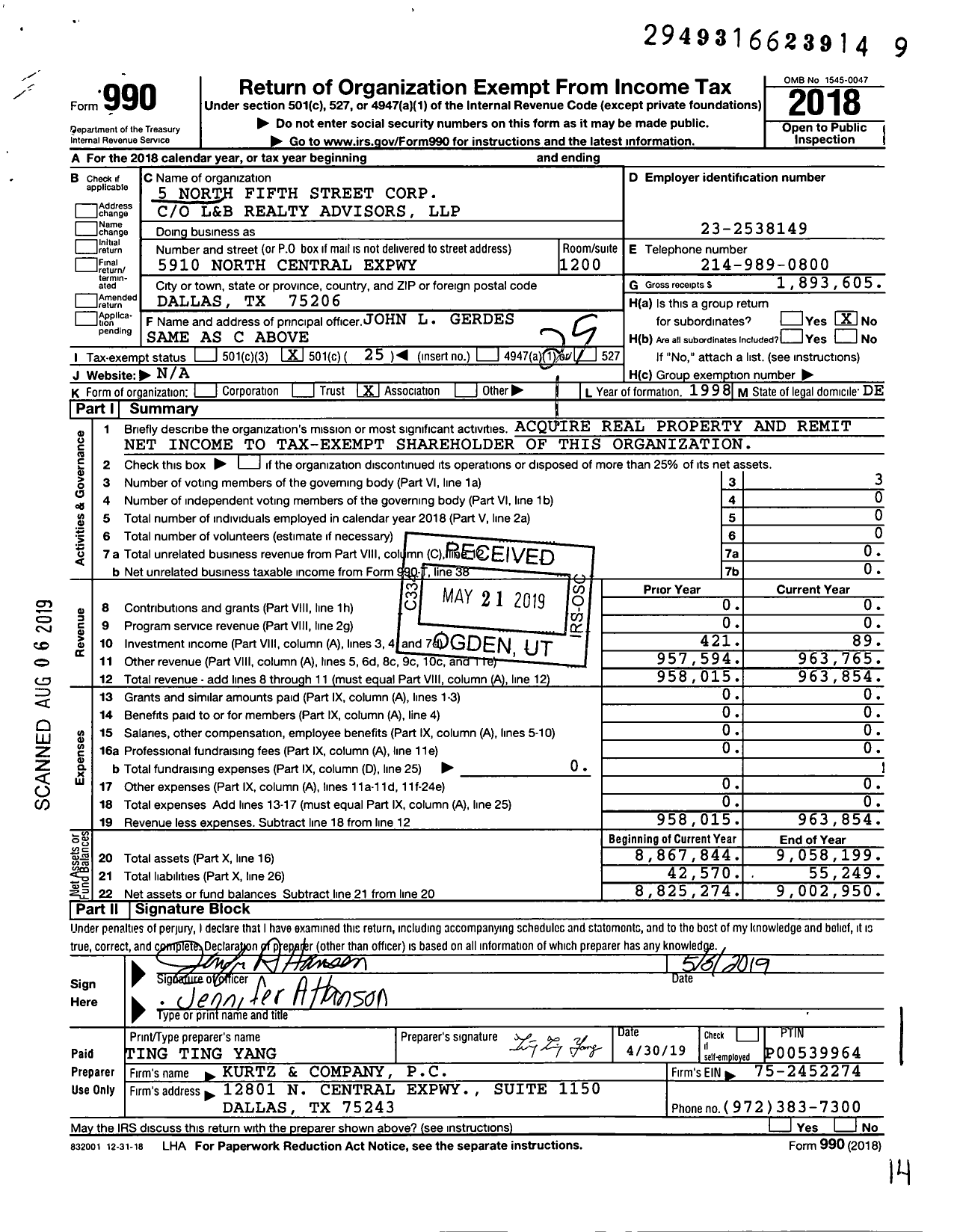 Image of first page of 2018 Form 990O for 5 North Fifth Street Corporation