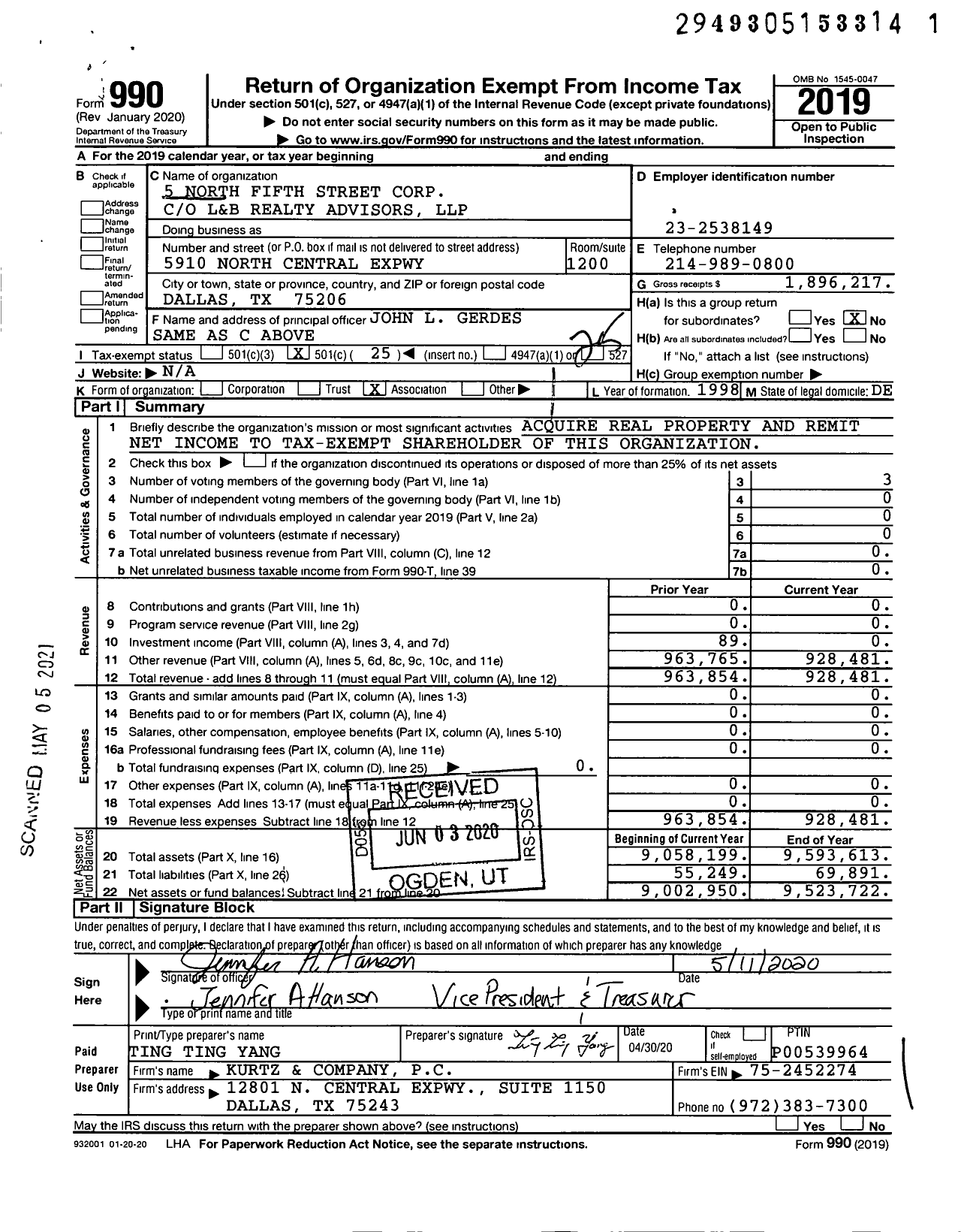 Image of first page of 2019 Form 990O for 5 North Fifth Street Corporation