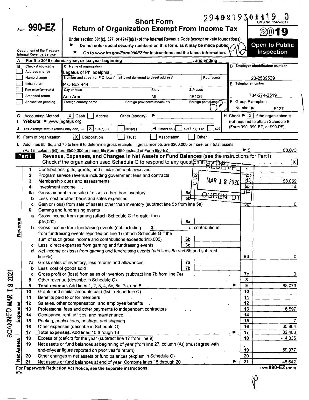 Image of first page of 2019 Form 990EZ for Legatus of Philadelphia