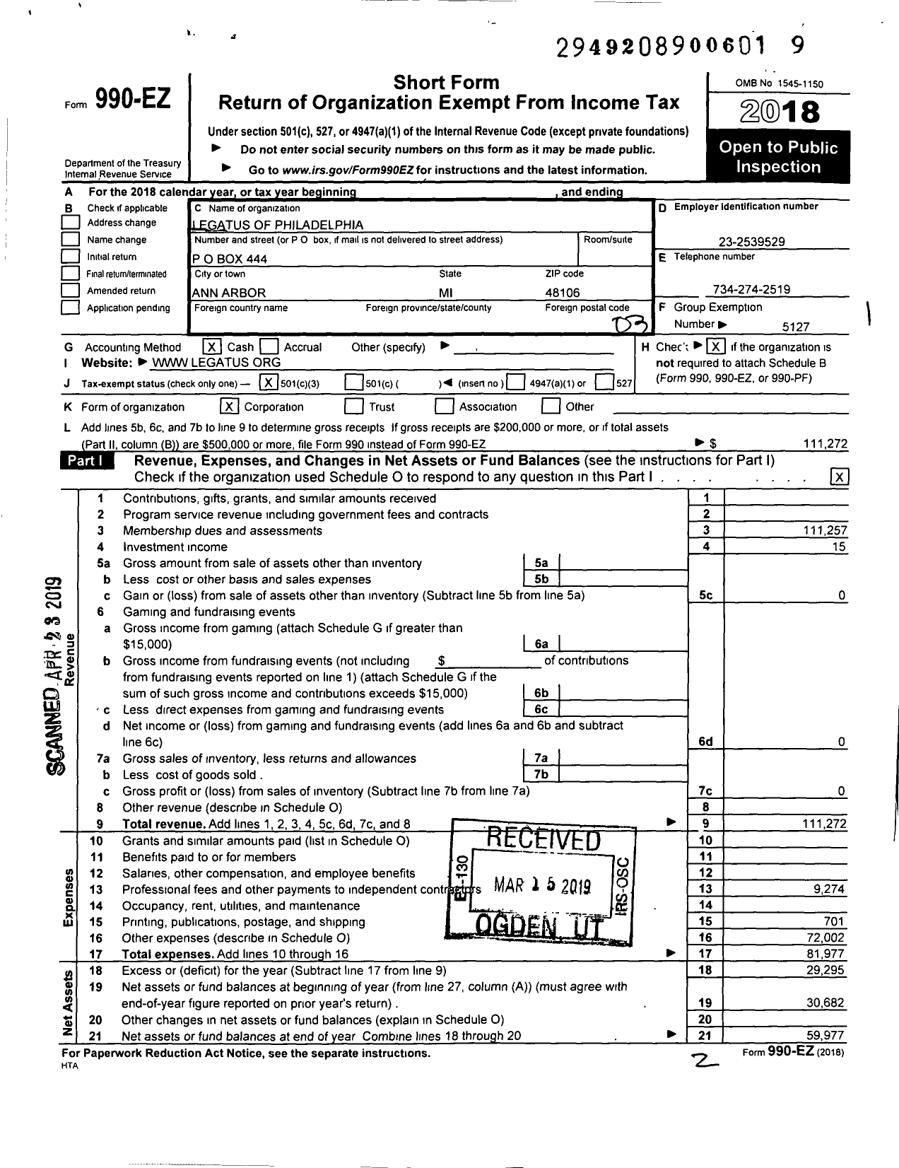 Image of first page of 2018 Form 990EZ for Legatus of Philadelphia