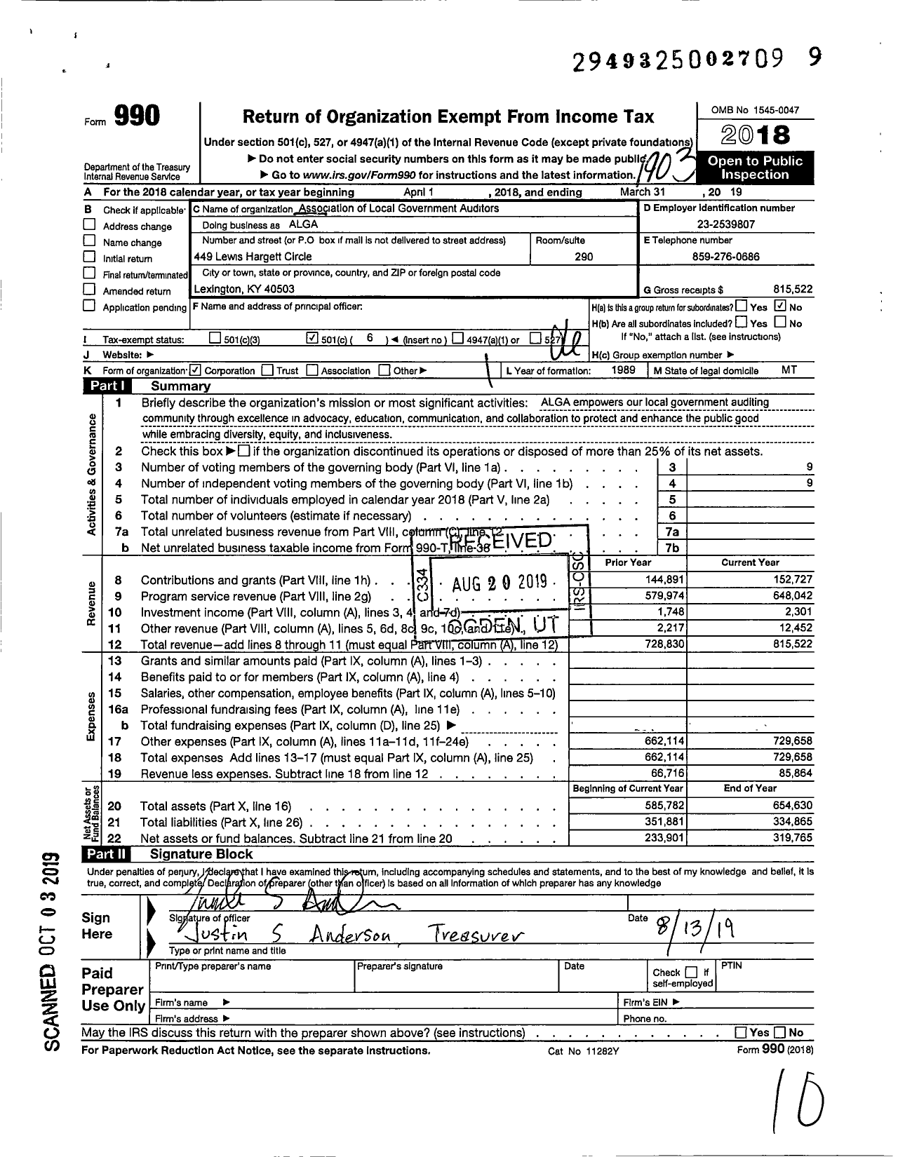 Image of first page of 2018 Form 990O for Association of Local Government Auditors (ALGA)