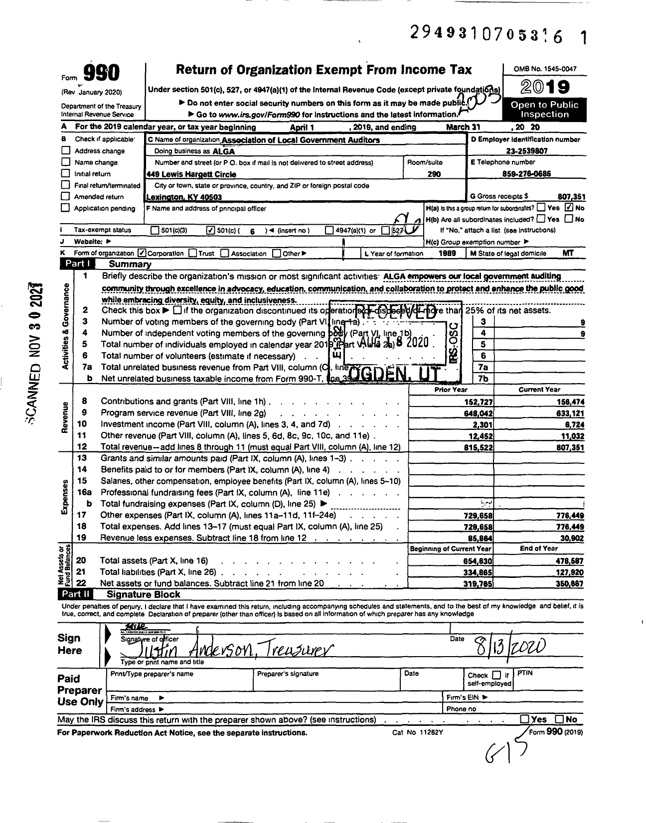 Image of first page of 2019 Form 990O for Association of Local Government Auditors (ALGA)