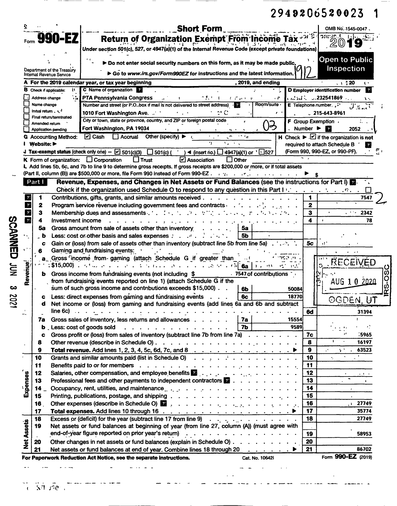 Image of first page of 2019 Form 990EZ for PTA PENNSYLVANIA CONGRESS Fort Washington Elementary School PTA