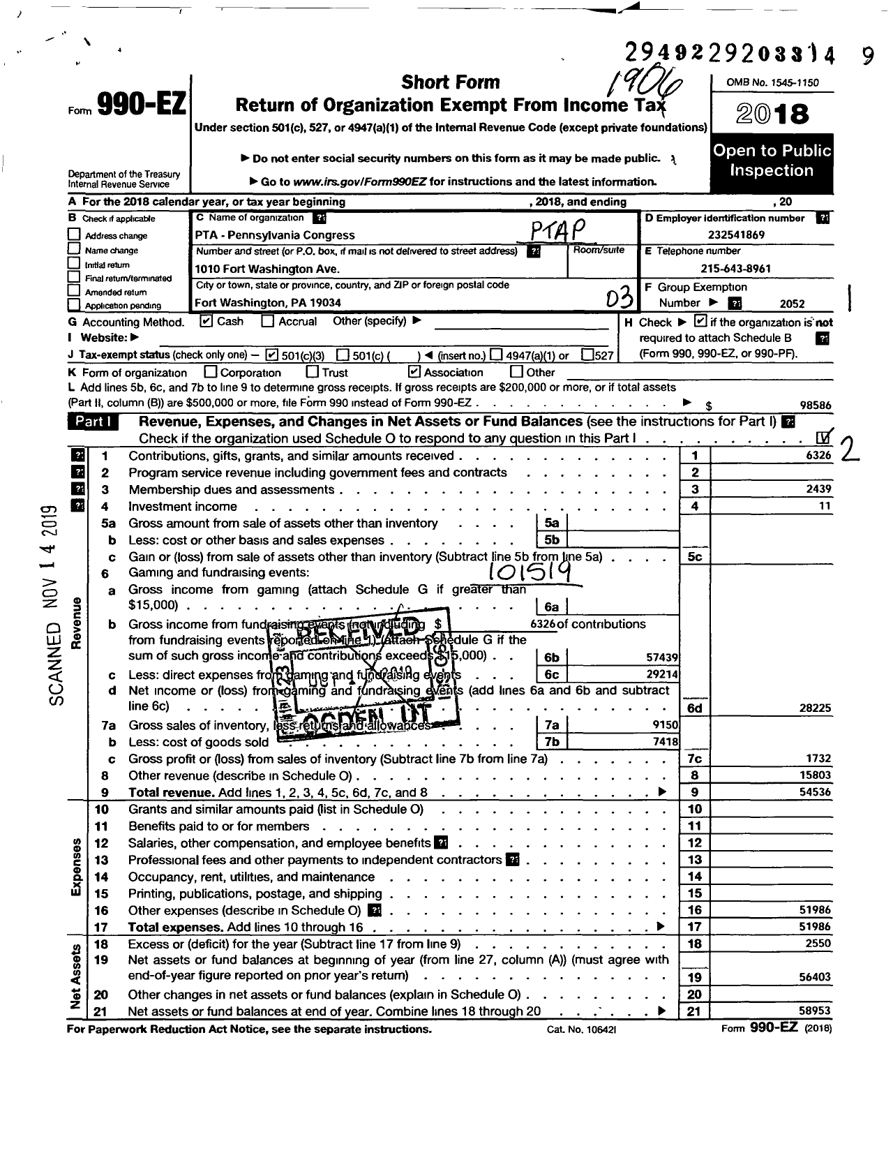 Image of first page of 2018 Form 990EZ for PTA PENNSYLVANIA CONGRESS Fort Washington Elementary School PTA