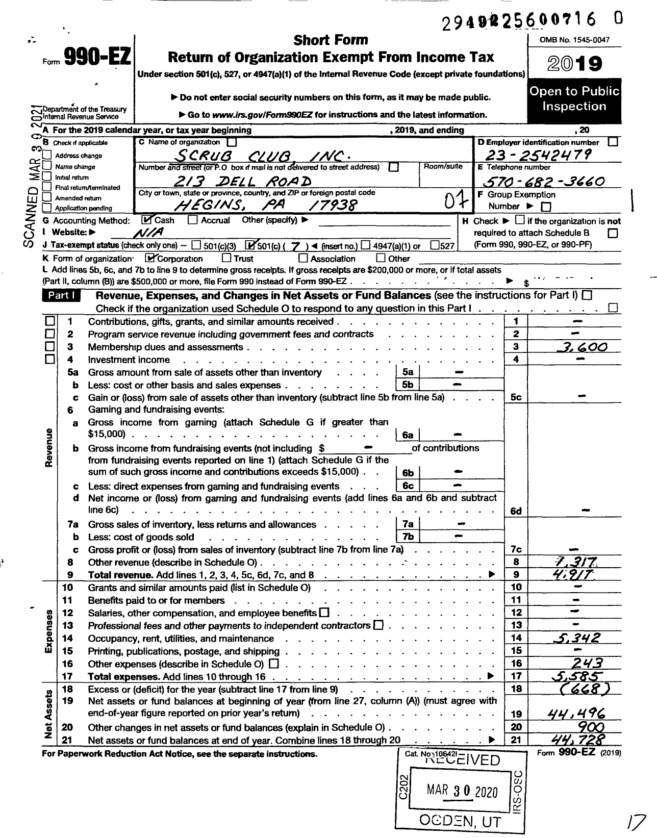 Image of first page of 2019 Form 990EO for The Scrub Team