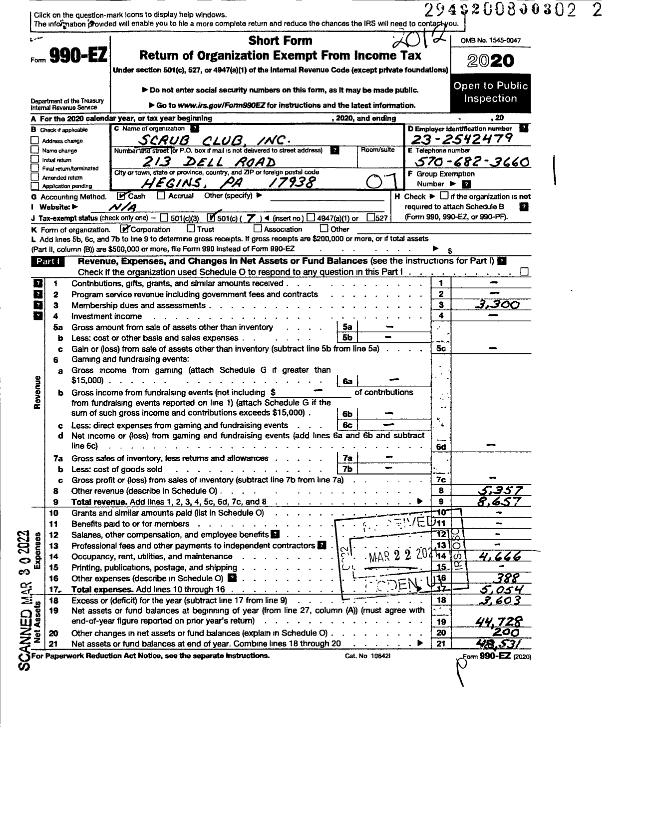 Image of first page of 2020 Form 990EO for The Scrub Team