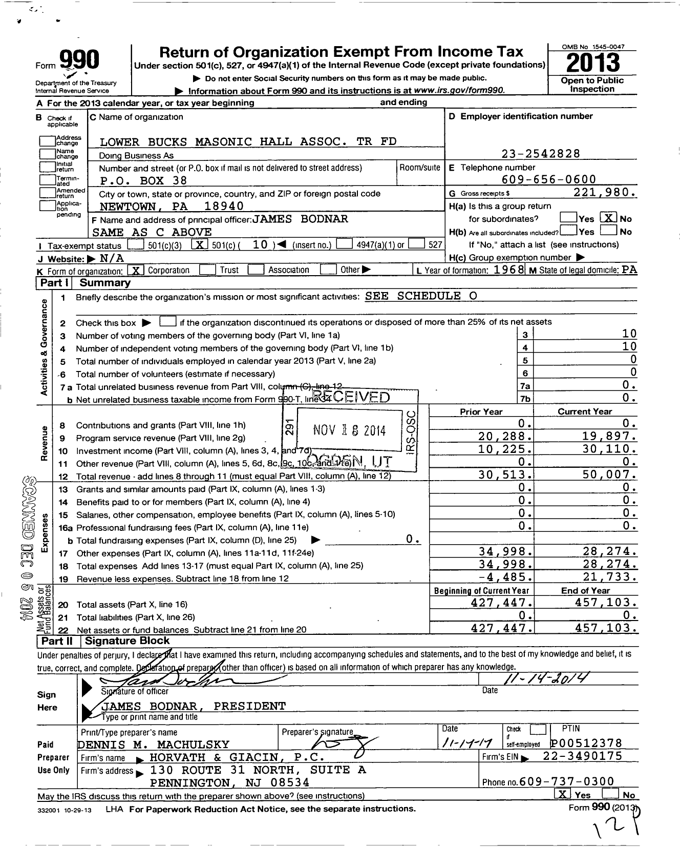 Image of first page of 2013 Form 990O for Lower Bucks Masonic Hall Association