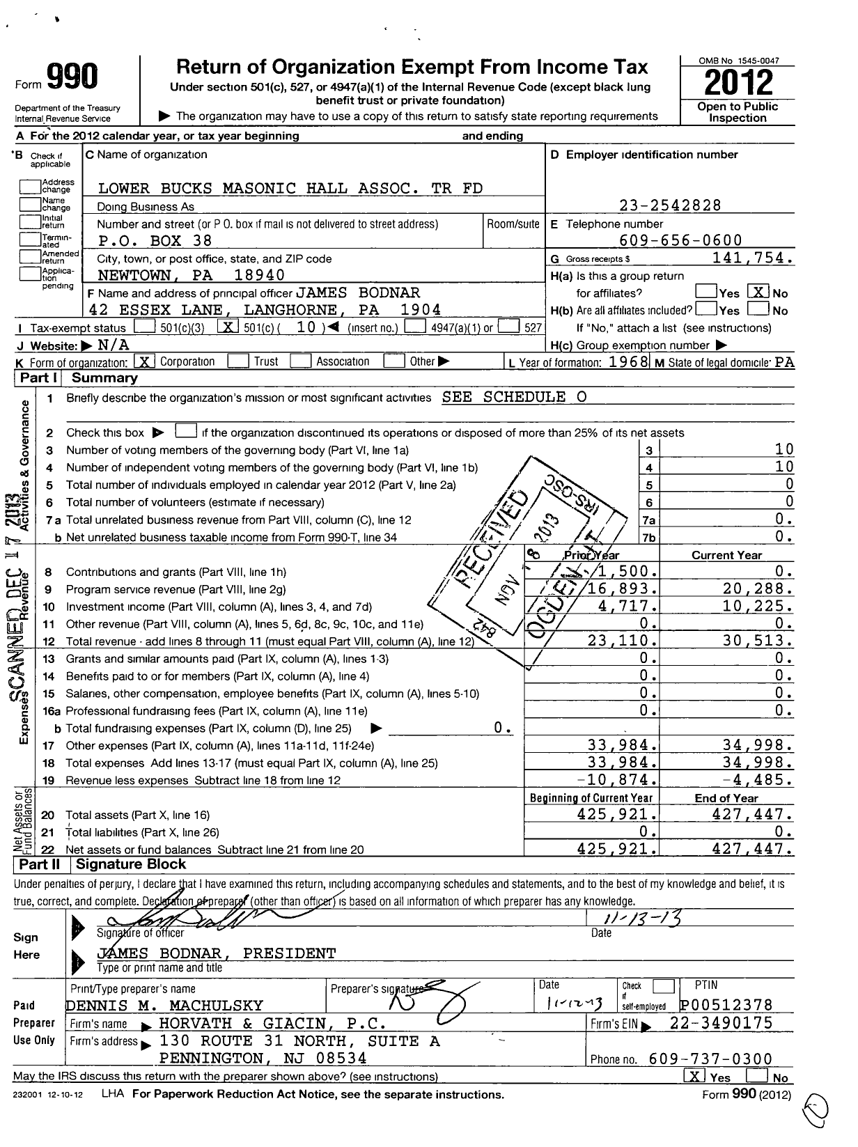 Image of first page of 2012 Form 990O for Lower Bucks Masonic Hall Association