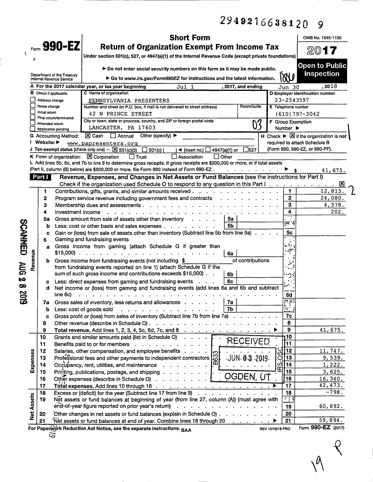 Image of first page of 2017 Form 990EZ for Pennsylvania Presenters