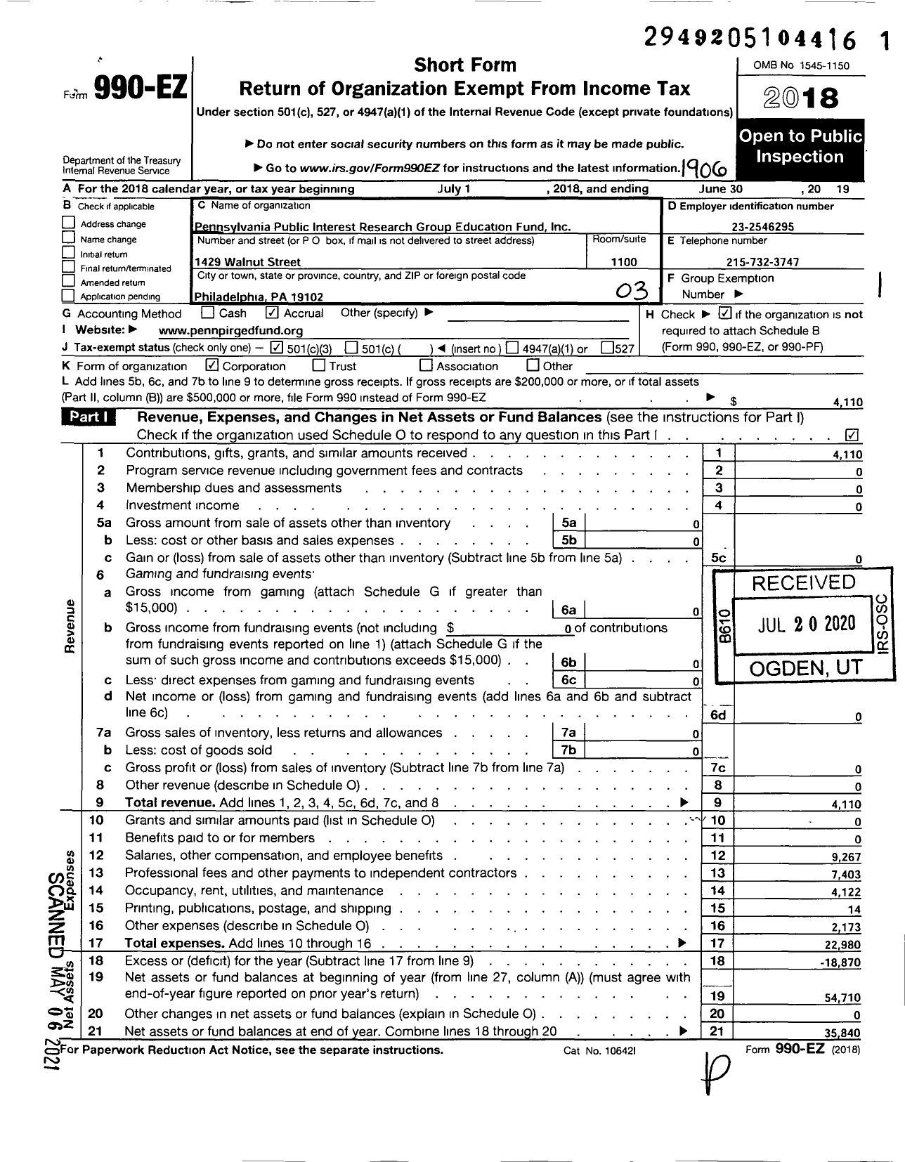 Image of first page of 2018 Form 990EZ for Pennsylvania Public Interest Research Group Education Fund