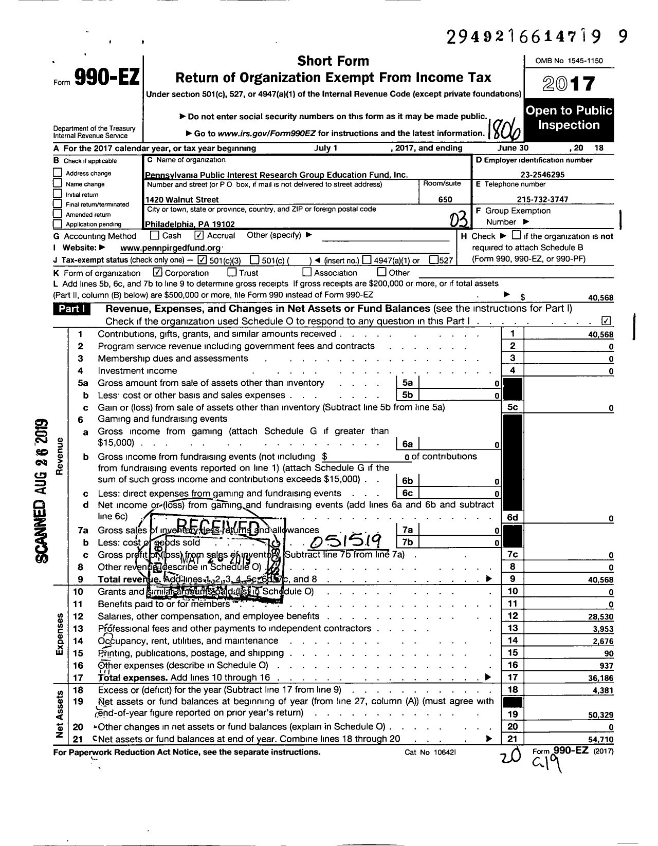 Image of first page of 2017 Form 990EZ for Pennsylvania Public Interest Research Group Education Fund