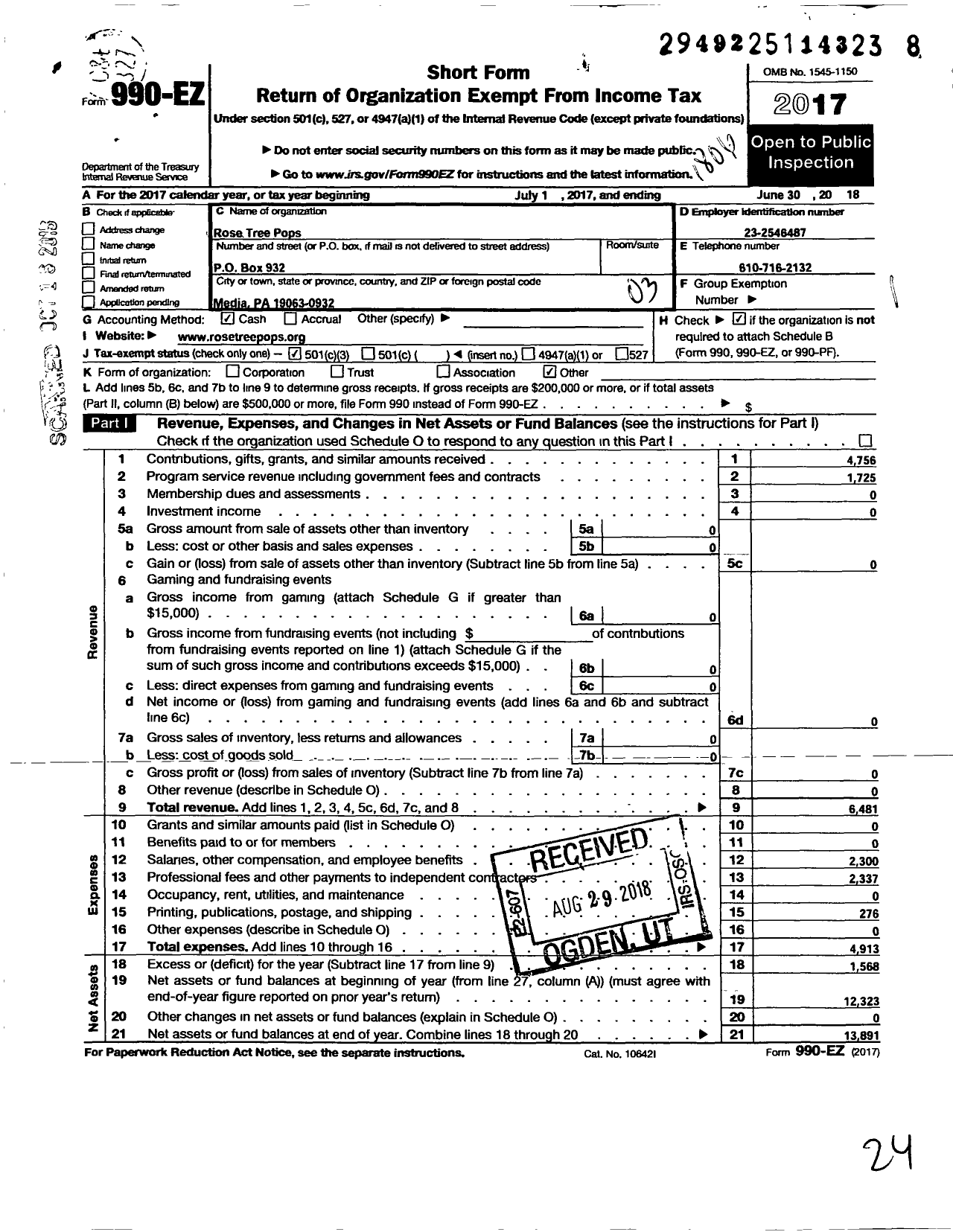 Image of first page of 2017 Form 990EZ for Rose Tree Pops Orchestra