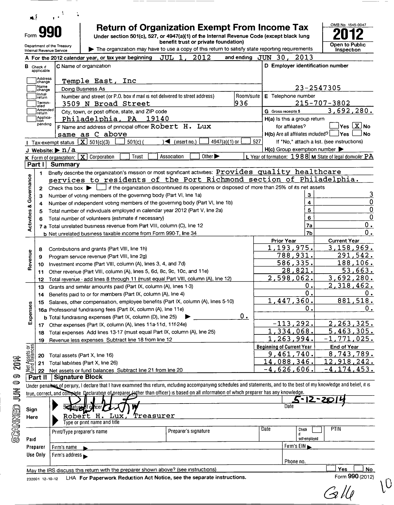 Image of first page of 2012 Form 990 for Temple East