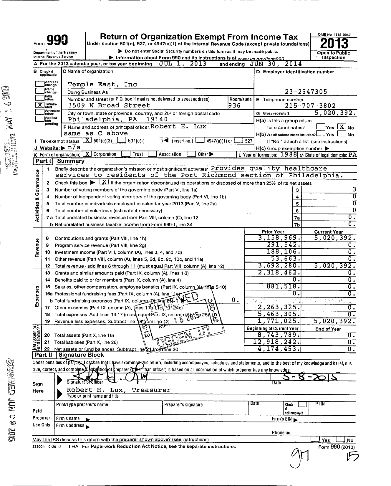 Image of first page of 2013 Form 990 for Temple East