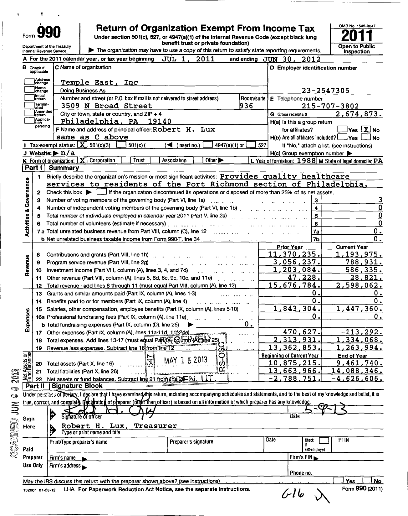 Image of first page of 2011 Form 990 for Temple East