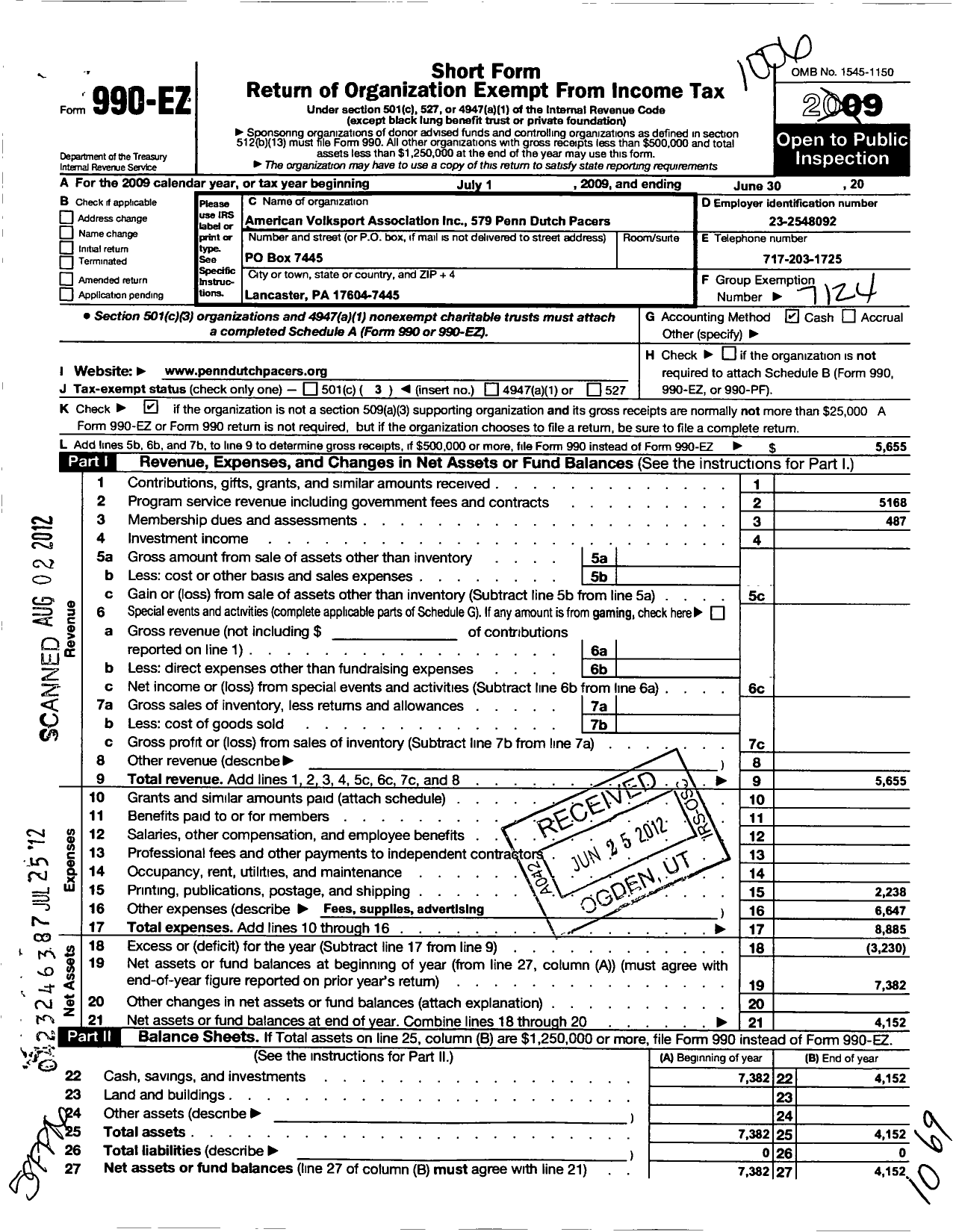 Image of first page of 2009 Form 990EZ for American Volkssport Association - 579 Penn-Dutch Pacers Volksmarch