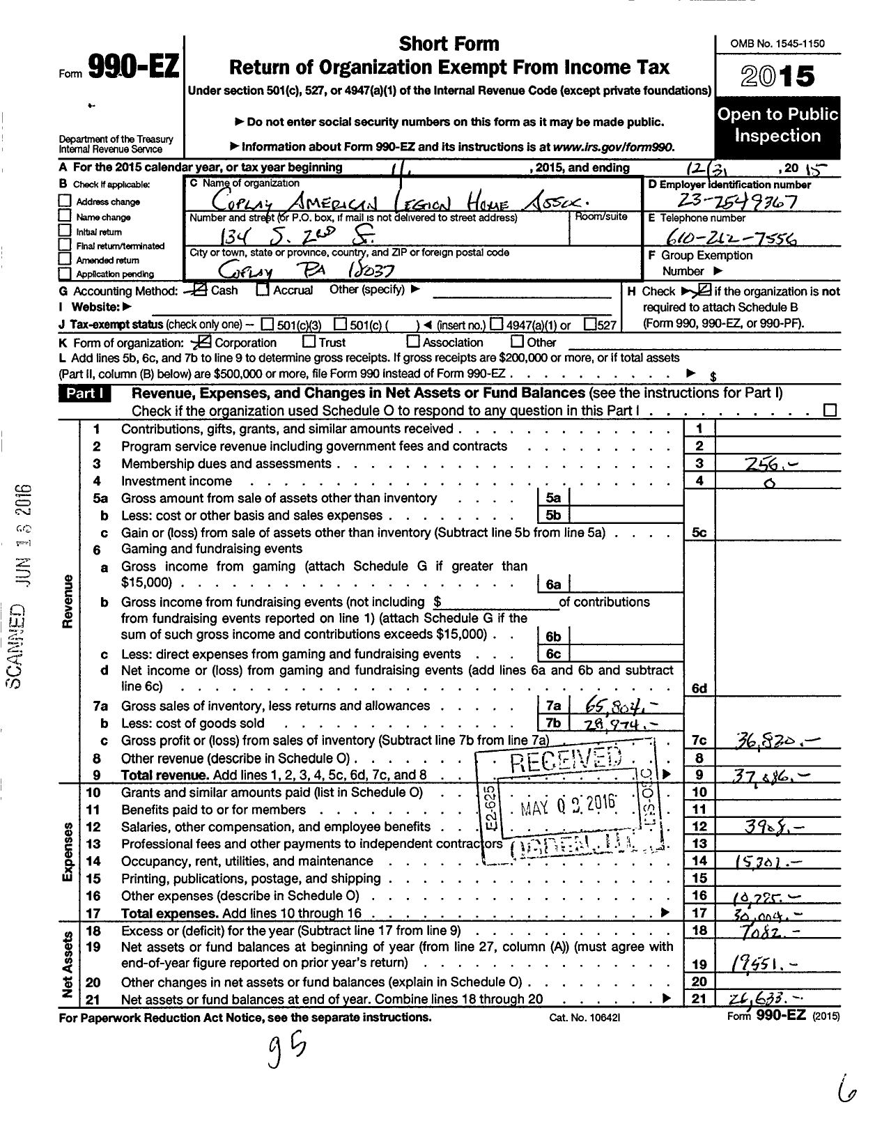 Image of first page of 2015 Form 990EO for COPLAY american LEGION HOME Association