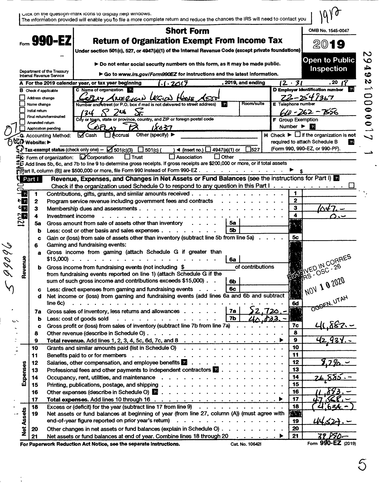 Image of first page of 2019 Form 990EO for COPLAY american LEGION HOME Association