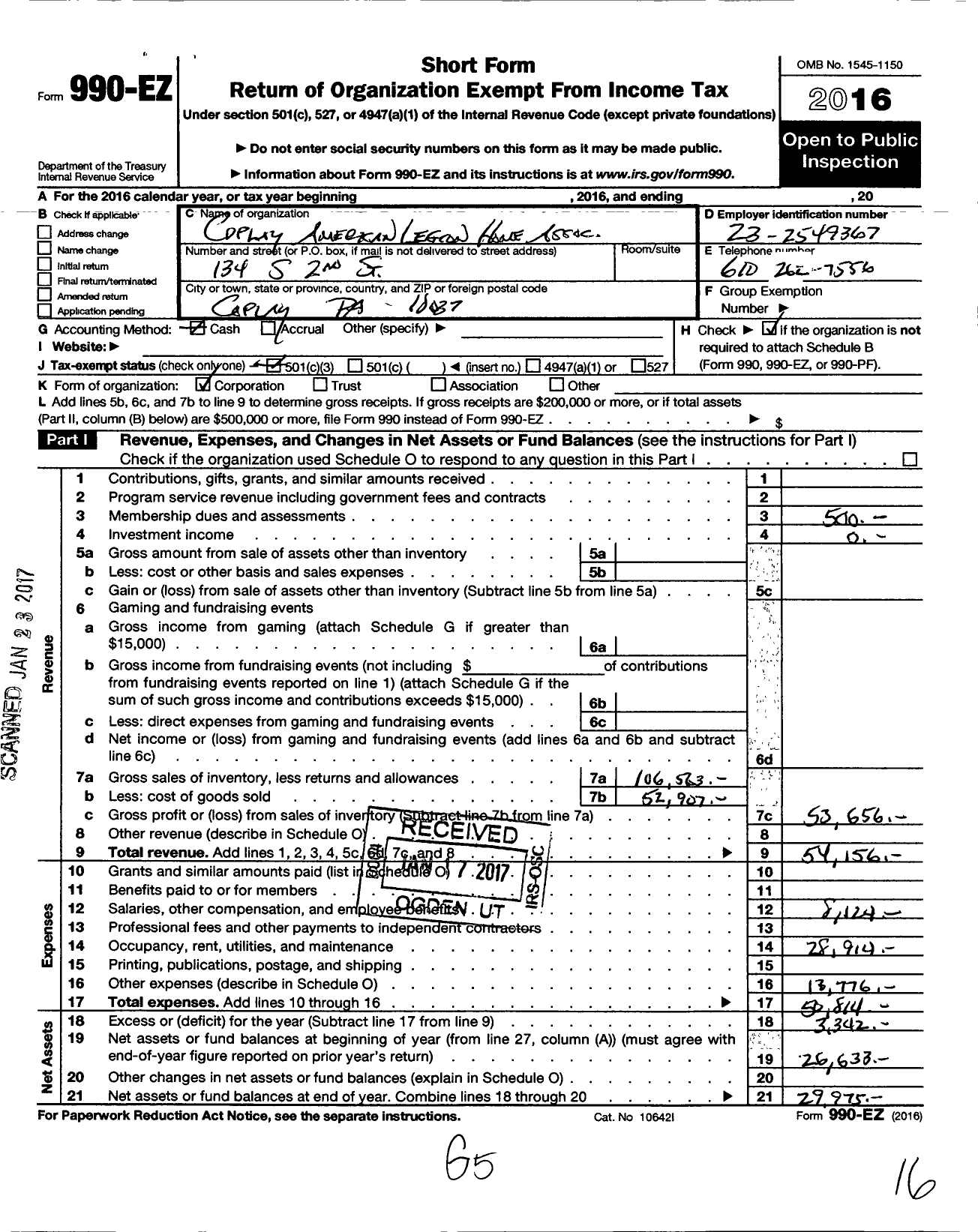 Image of first page of 2016 Form 990EZ for COPLAY american LEGION HOME Association