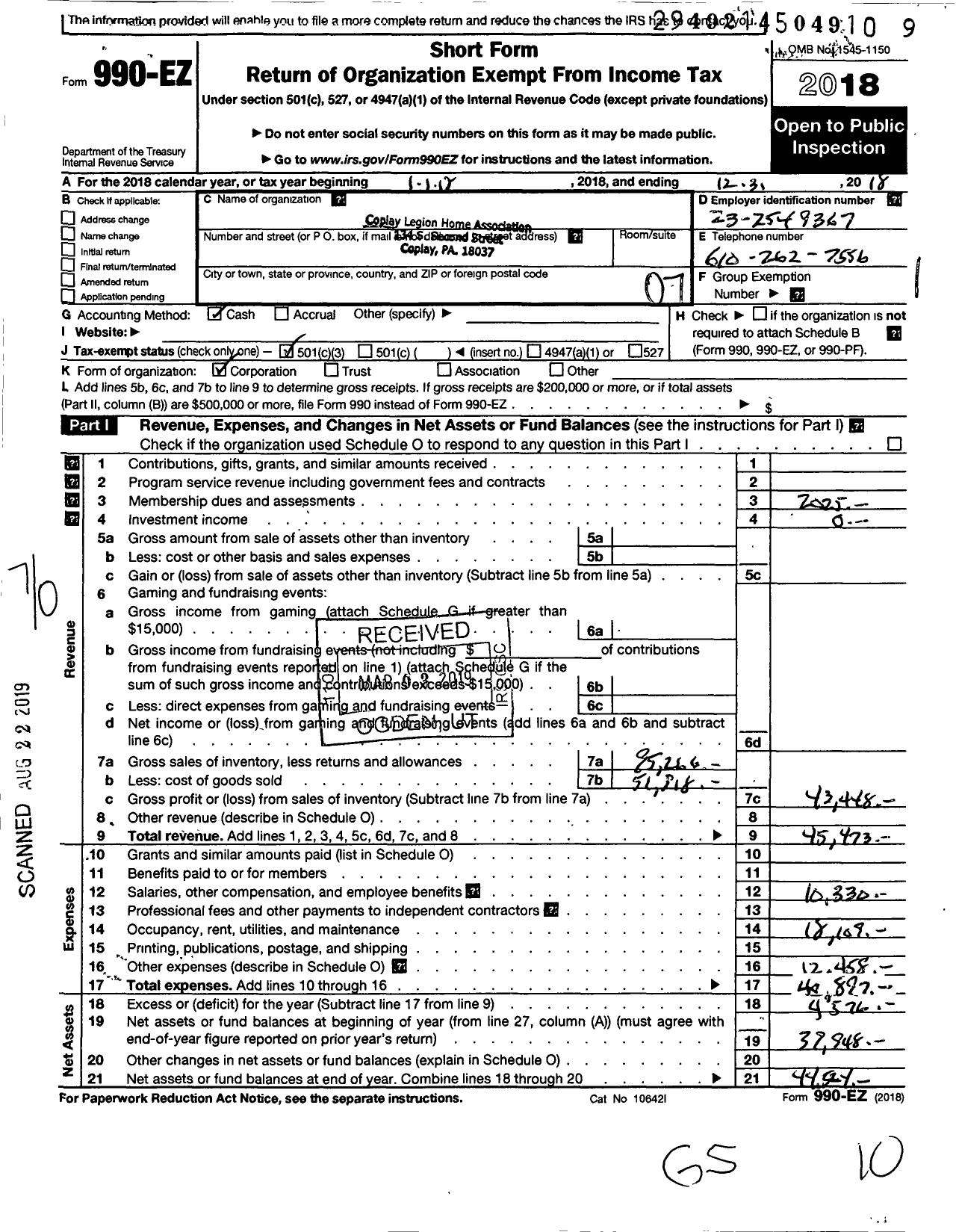 Image of first page of 2018 Form 990EO for COPLAY american LEGION HOME Association