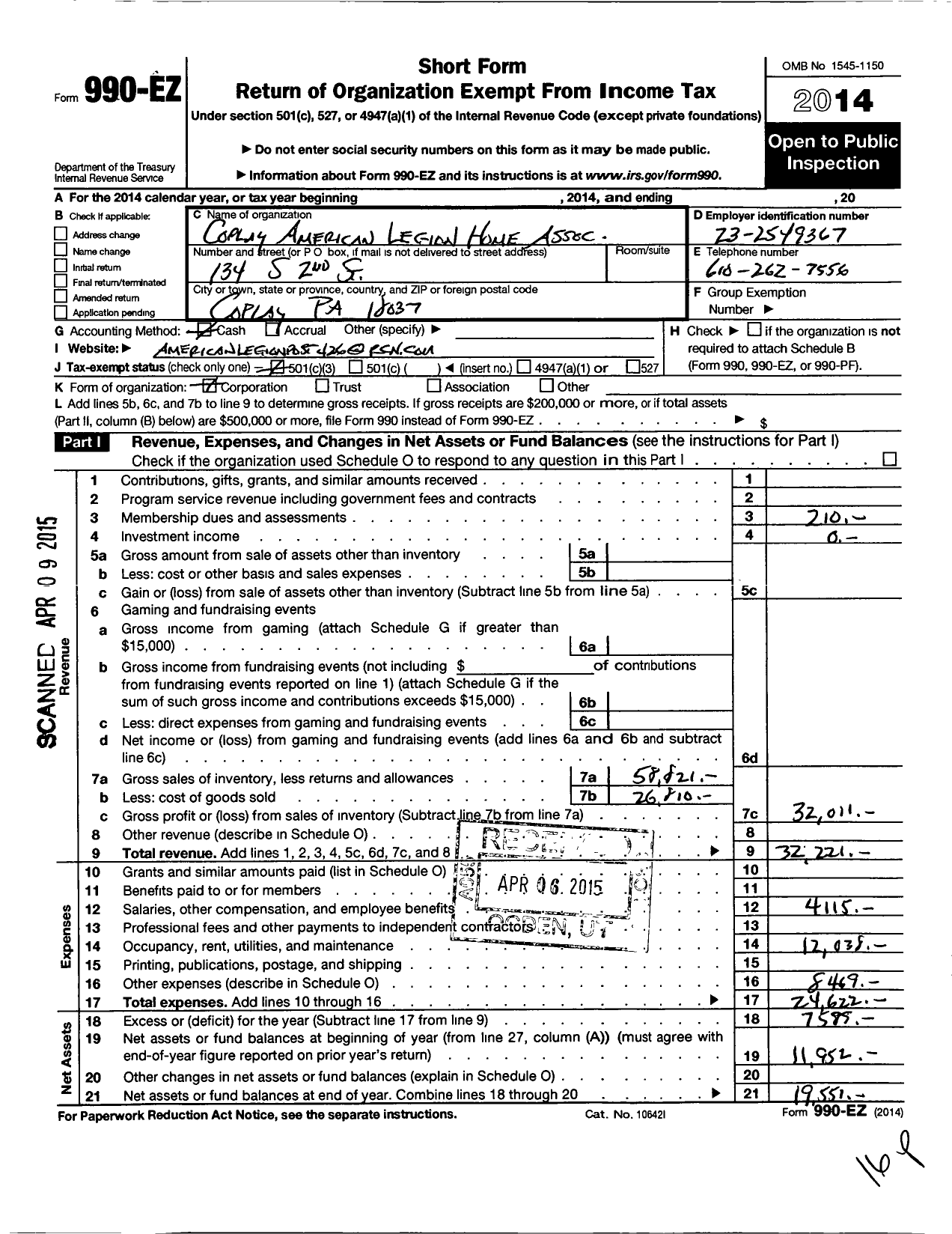 Image of first page of 2014 Form 990EZ for COPLAY american LEGION HOME Association