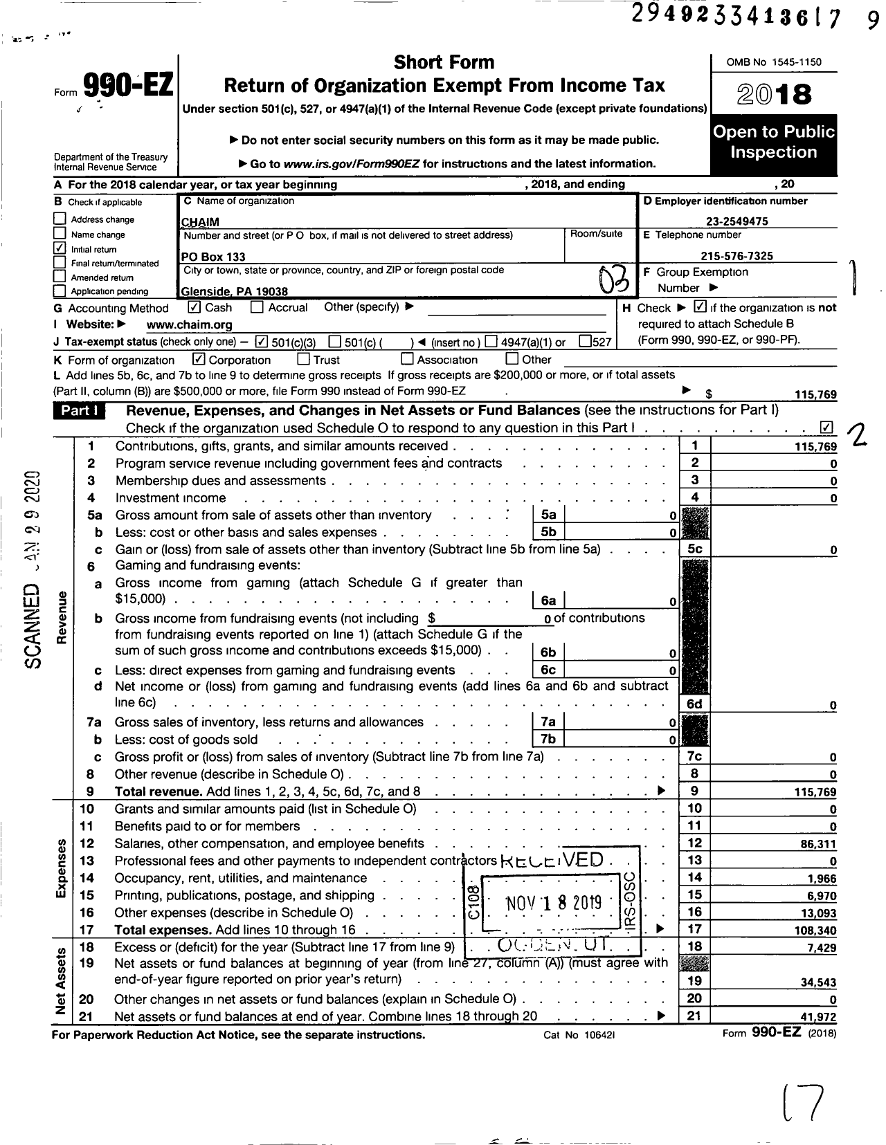 Image of first page of 2018 Form 990EZ for Chaim