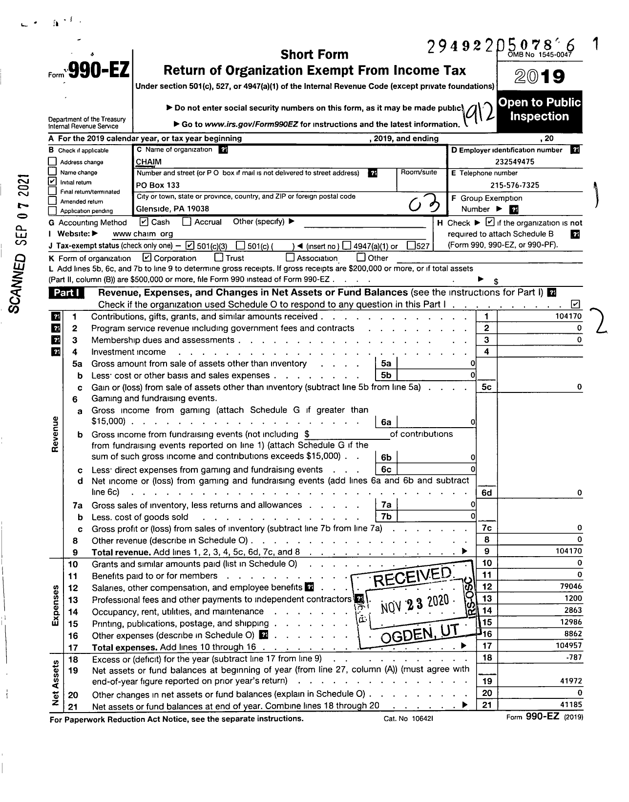 Image of first page of 2019 Form 990EZ for Chaim