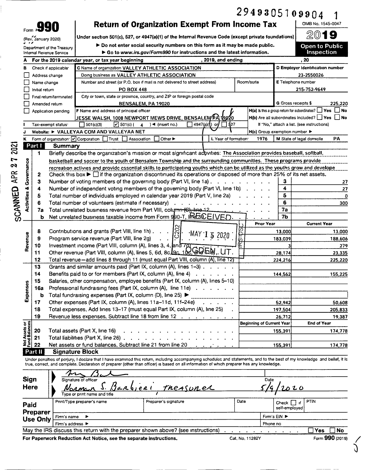 Image of first page of 2019 Form 990O for Valley Athletic Association