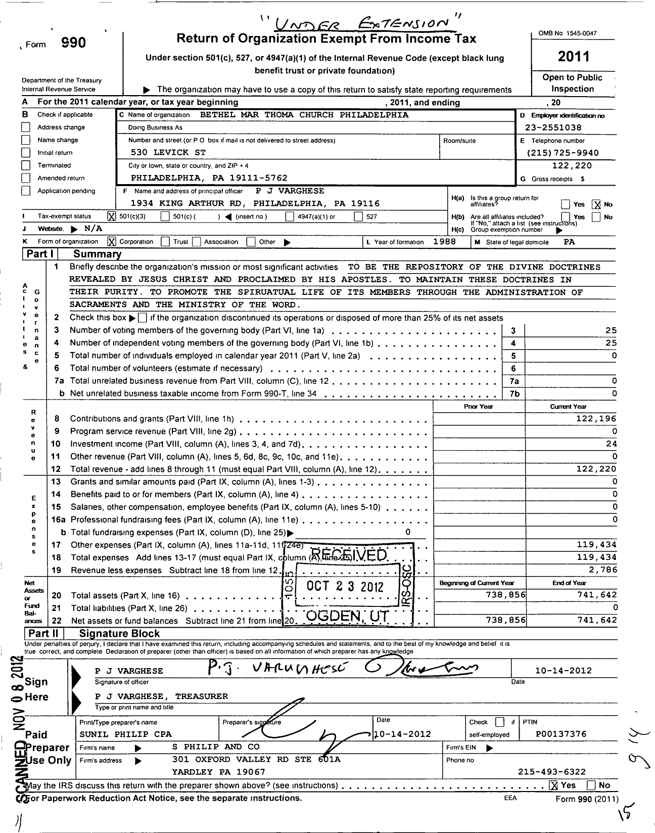 Image of first page of 2011 Form 990 for Bethel Mar Thoma Church Philadelphia