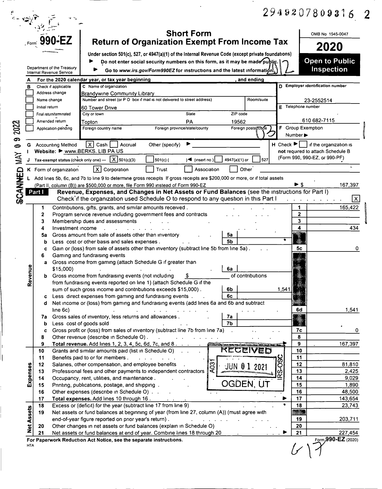 Image of first page of 2020 Form 990EZ for Brandywine Community Library