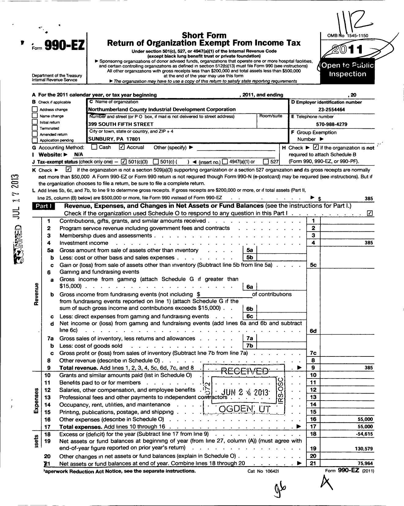 Image of first page of 2011 Form 990EZ for Northumberland County Industrial Development Authority