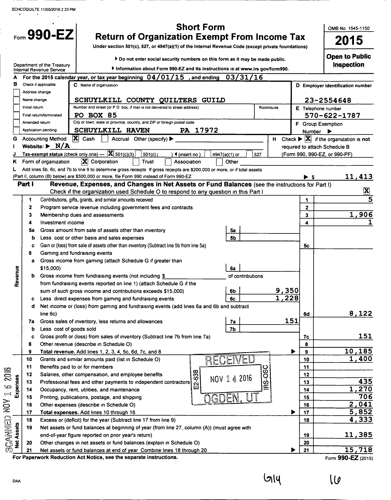 Image of first page of 2015 Form 990EZ for Schuylkill County Quilters Guild