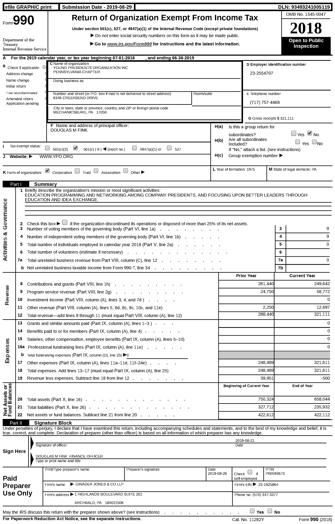 Image of first page of 2018 Form 990 for Young Presidents' Organization - Young Presidents Org Inc-Penn Chap