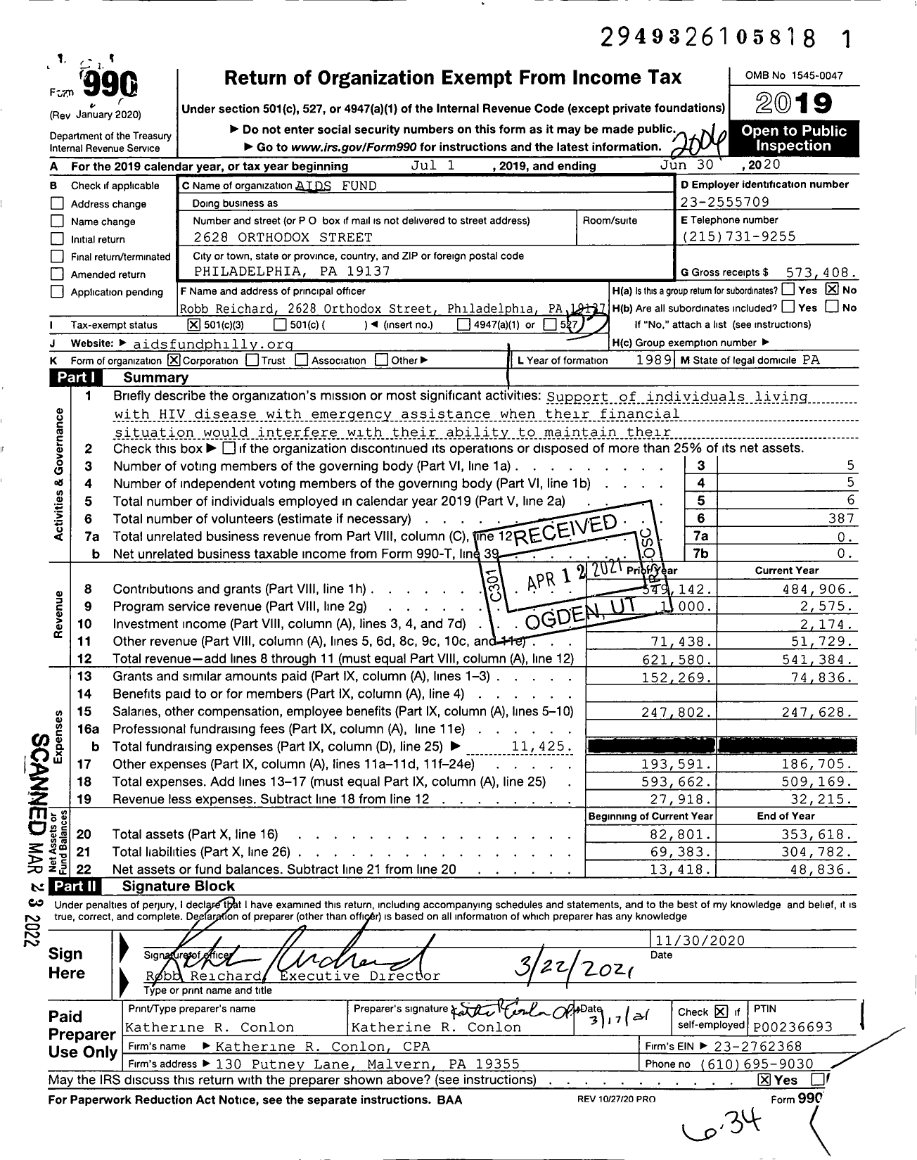 Image of first page of 2019 Form 990 for Aids Fund