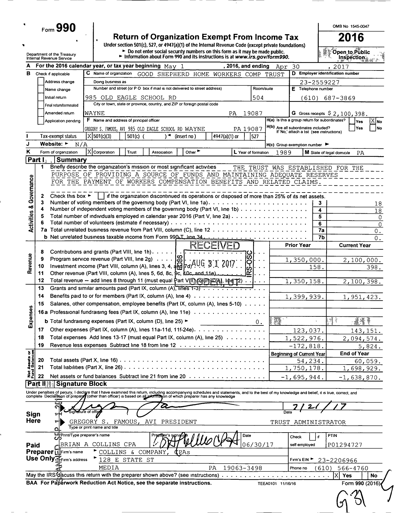 Image of first page of 2016 Form 990 for Good Shepherd Home Workers Comp Trust