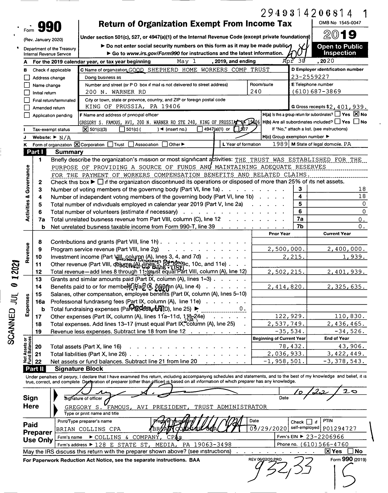 Image of first page of 2019 Form 990 for Good Shepherd Home Workers Comp Trust