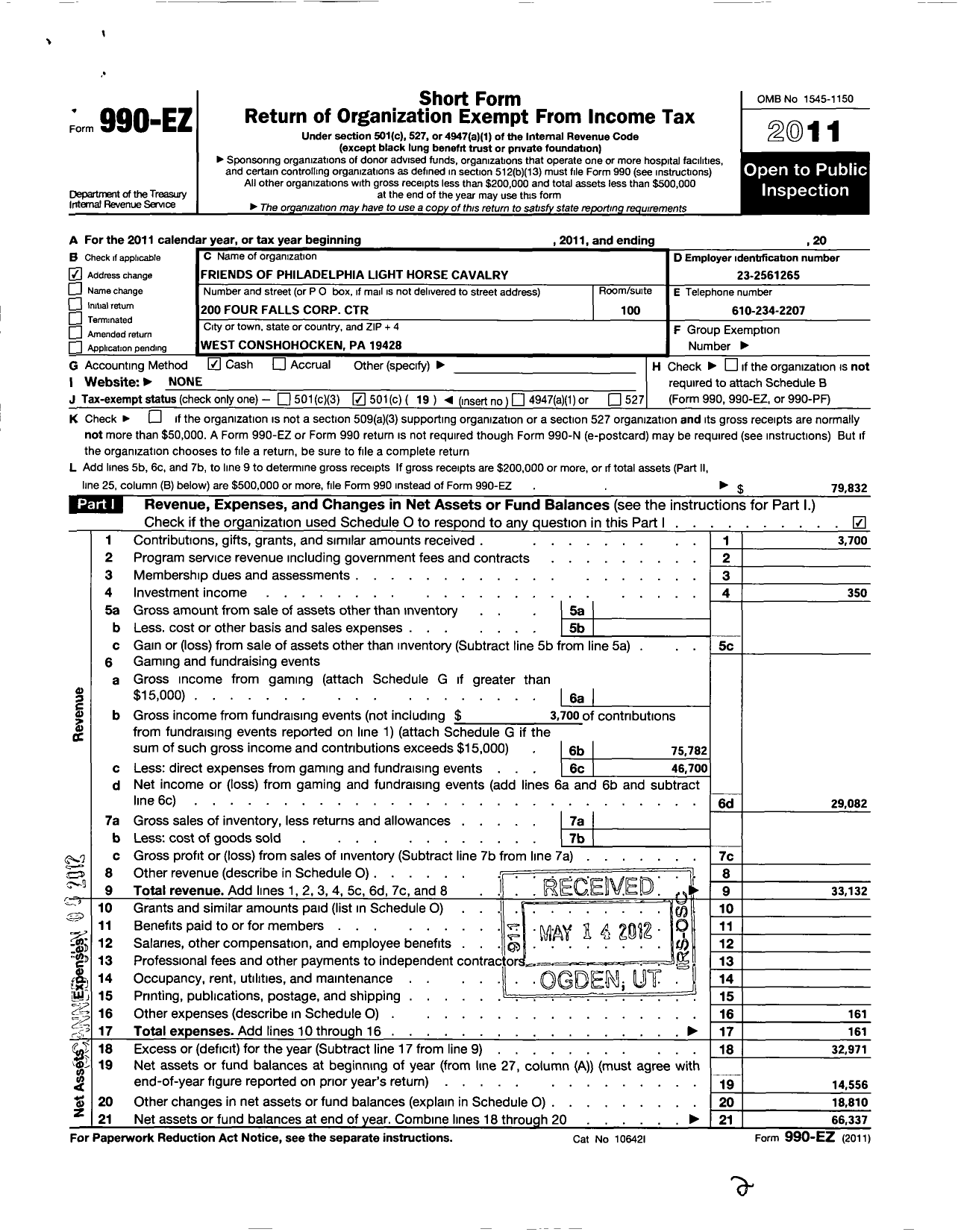 Image of first page of 2011 Form 990EO for Friends of Philadelphia Light Horse Cavalry