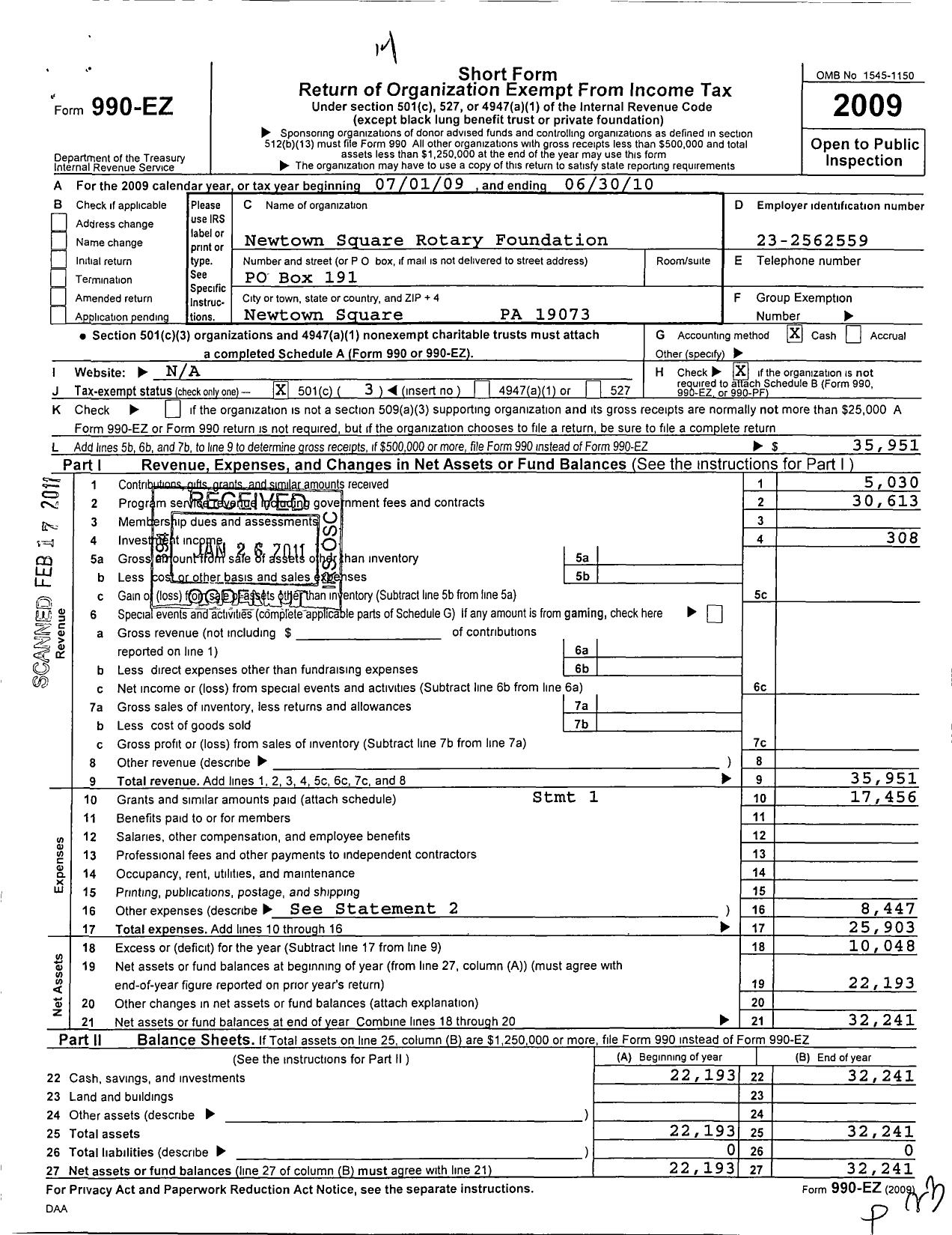 Image of first page of 2009 Form 990EZ for Newtown Square Rotary Foundation