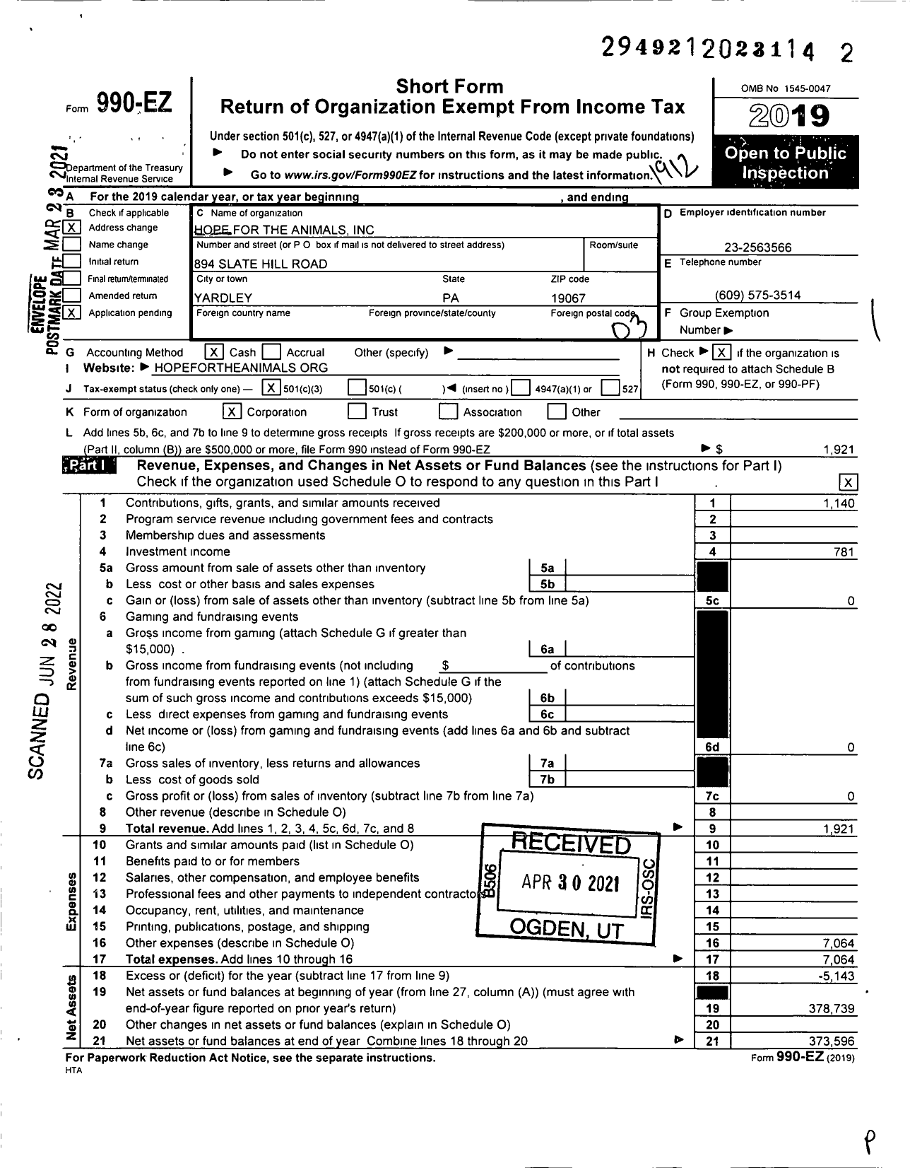 Image of first page of 2019 Form 990EZ for Hope for the Animals