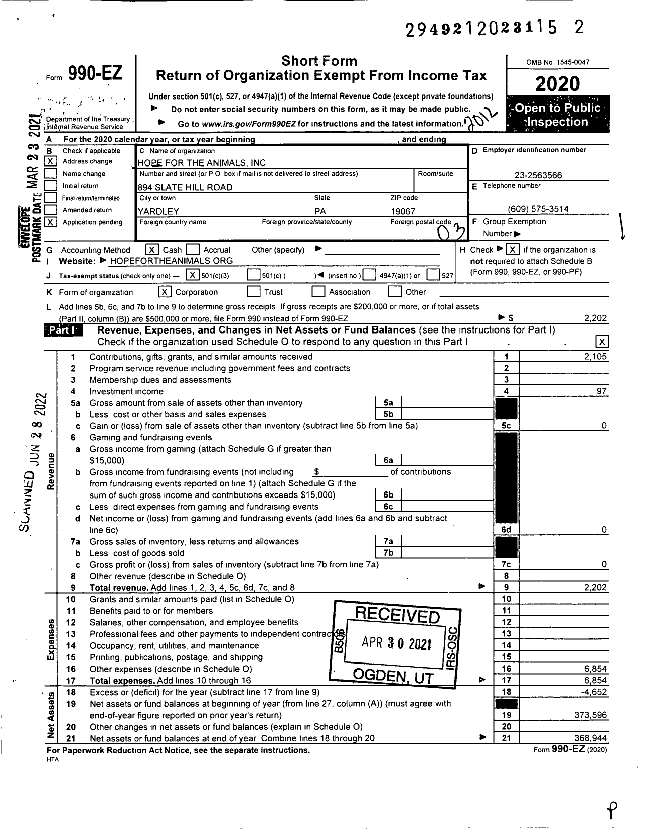 Image of first page of 2020 Form 990EZ for Hope for the Animals